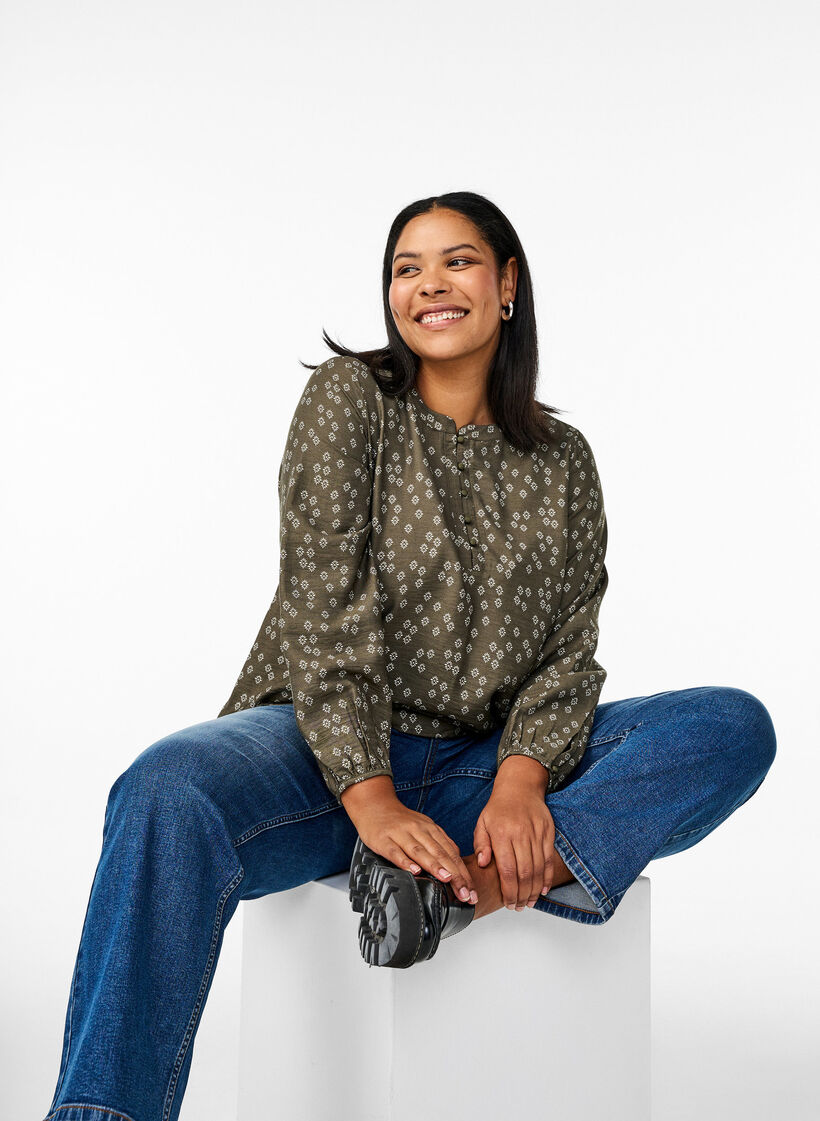 Wzorzysta bluzka z dlugim rekawem i guzikami, Zielony, Image image number 0