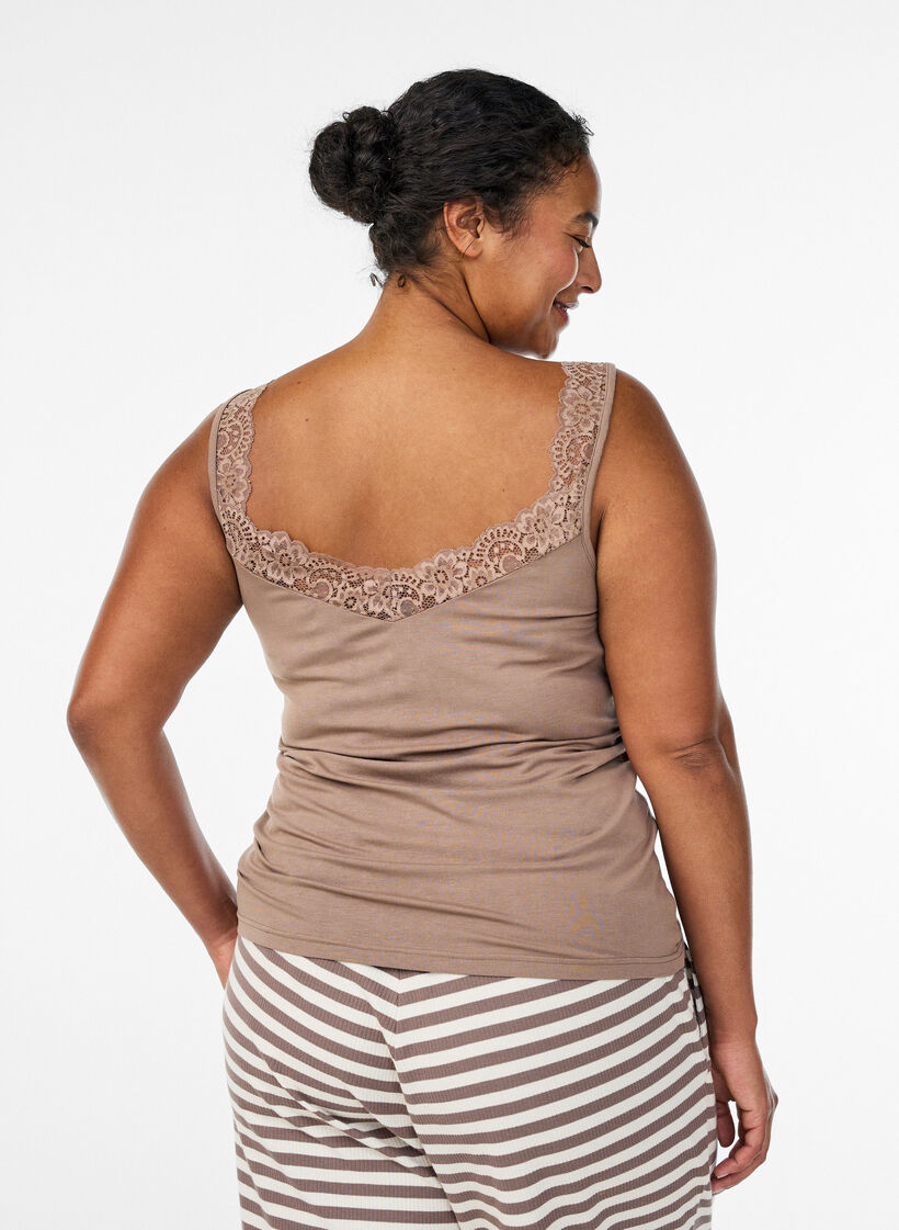 Wiskozowy top z koronkowym brzegiem, Beżowy, Model image number 2