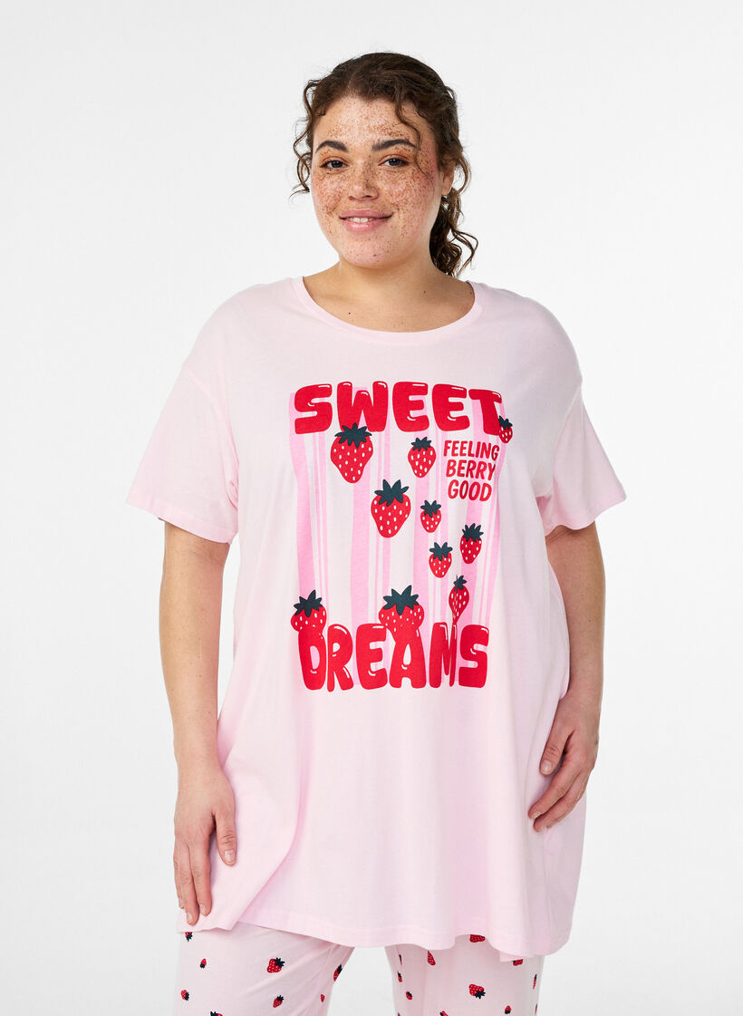 Dlugi t-shirt do spania z bawelny organicznej z nadrukiem, R&oacute;żowy, Model image number 0