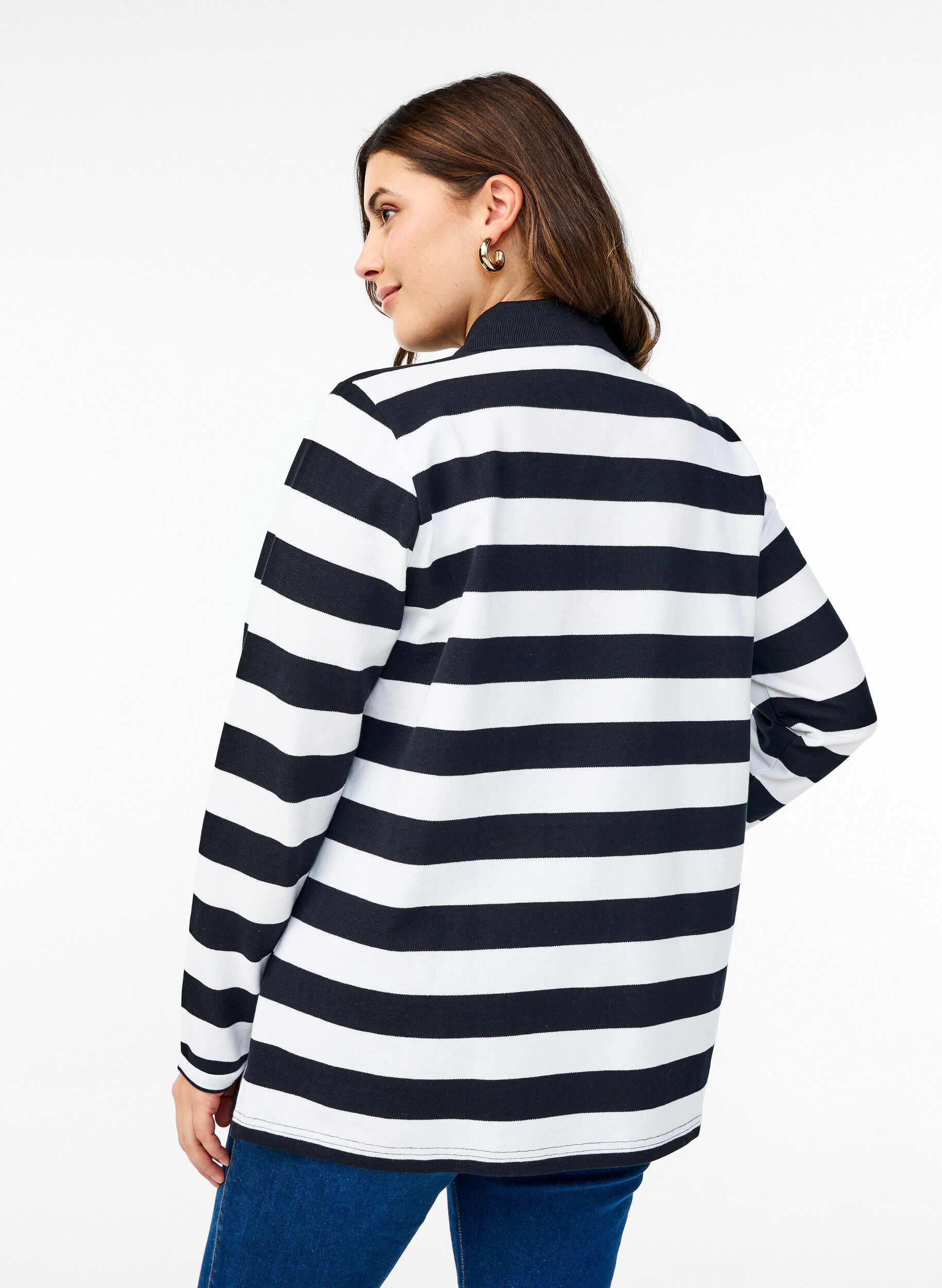 Zizzi Koszulka polo w paski z dlugim rekawem, Czarne, Model image number 2