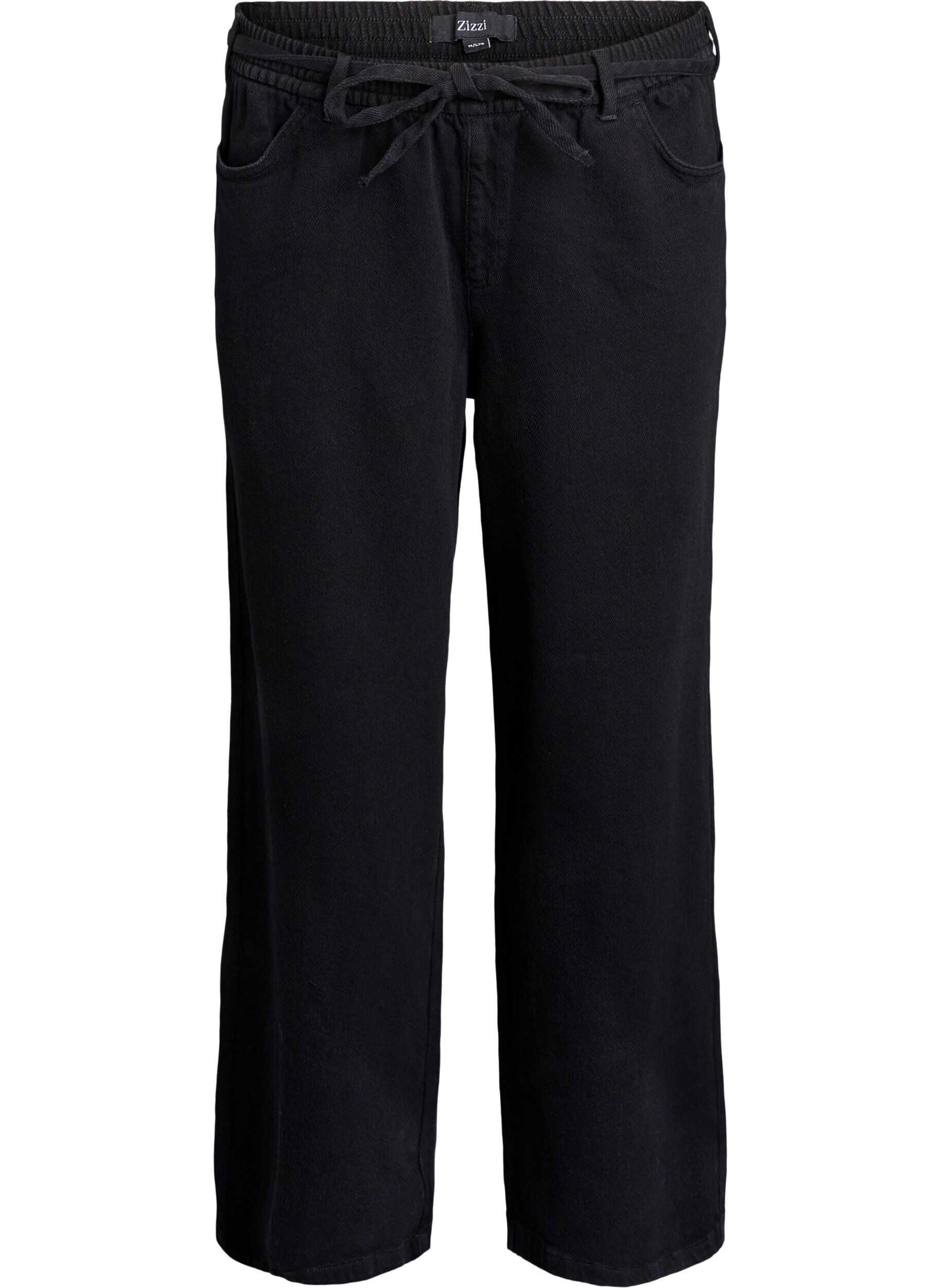 Luzne jeansy z elastyczna talia i sznurkiem sciagajacym