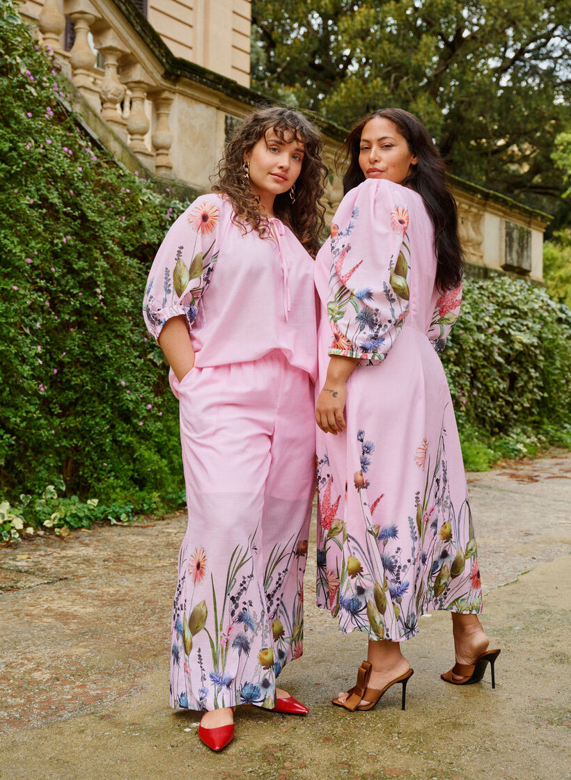 Spodnie z kwiatowym nadrukiem i szerokimi nogawkami, R&oacute;żowy, Image image number 0