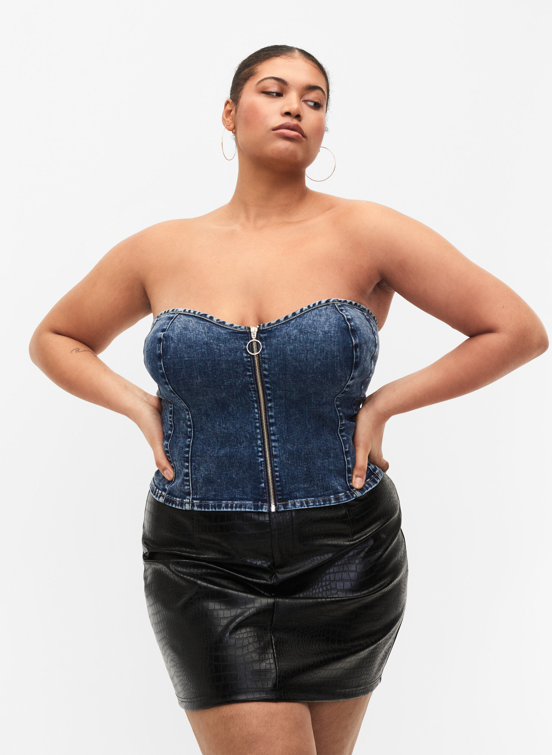 Zizzi Dzinsowy gorset z suwakiem, Blue denim, Model image number 0