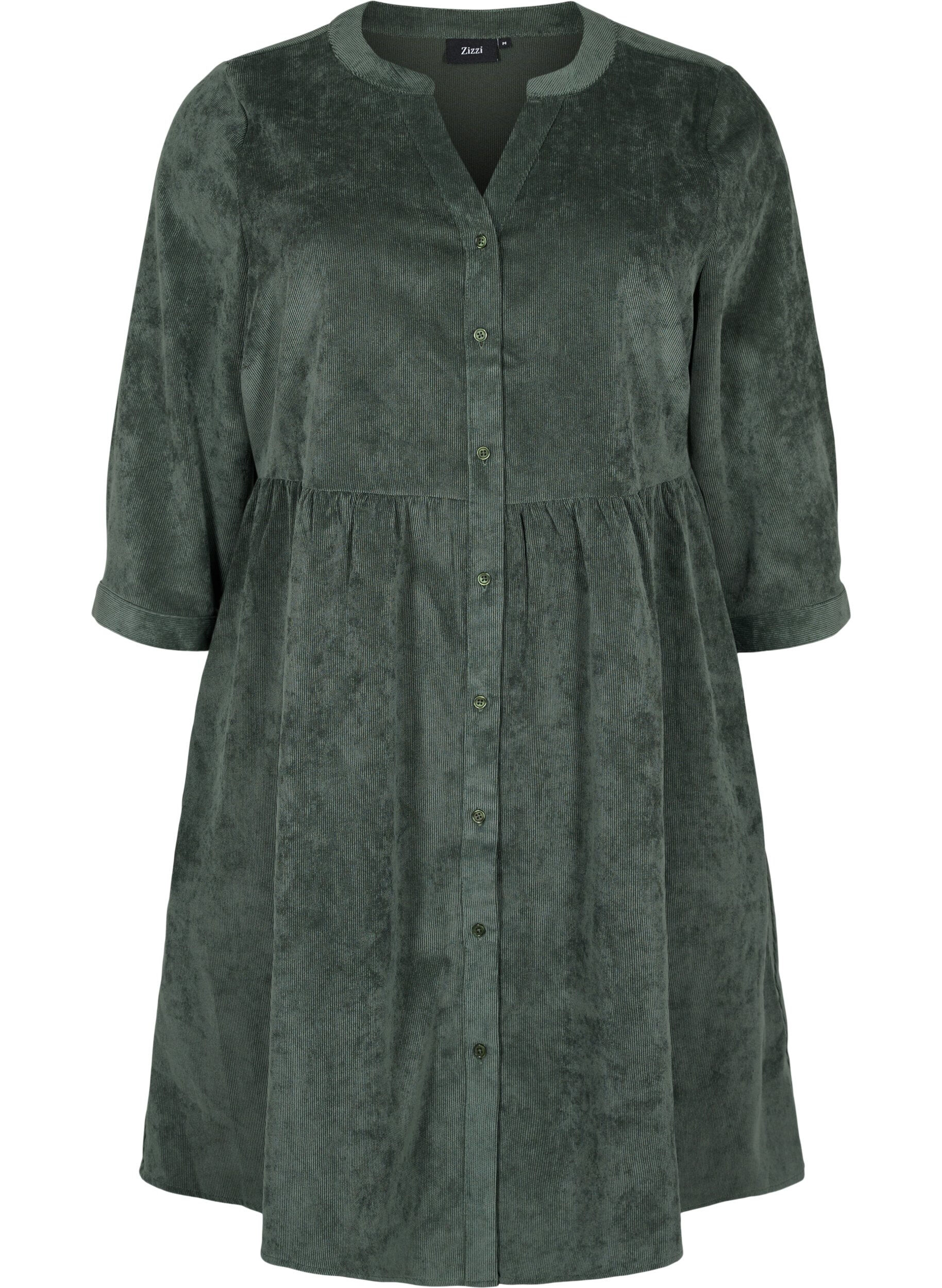 Zizzi Velvet dress with 3/4-length sleeves and buttons, Deep Forest, Packshot image number 0