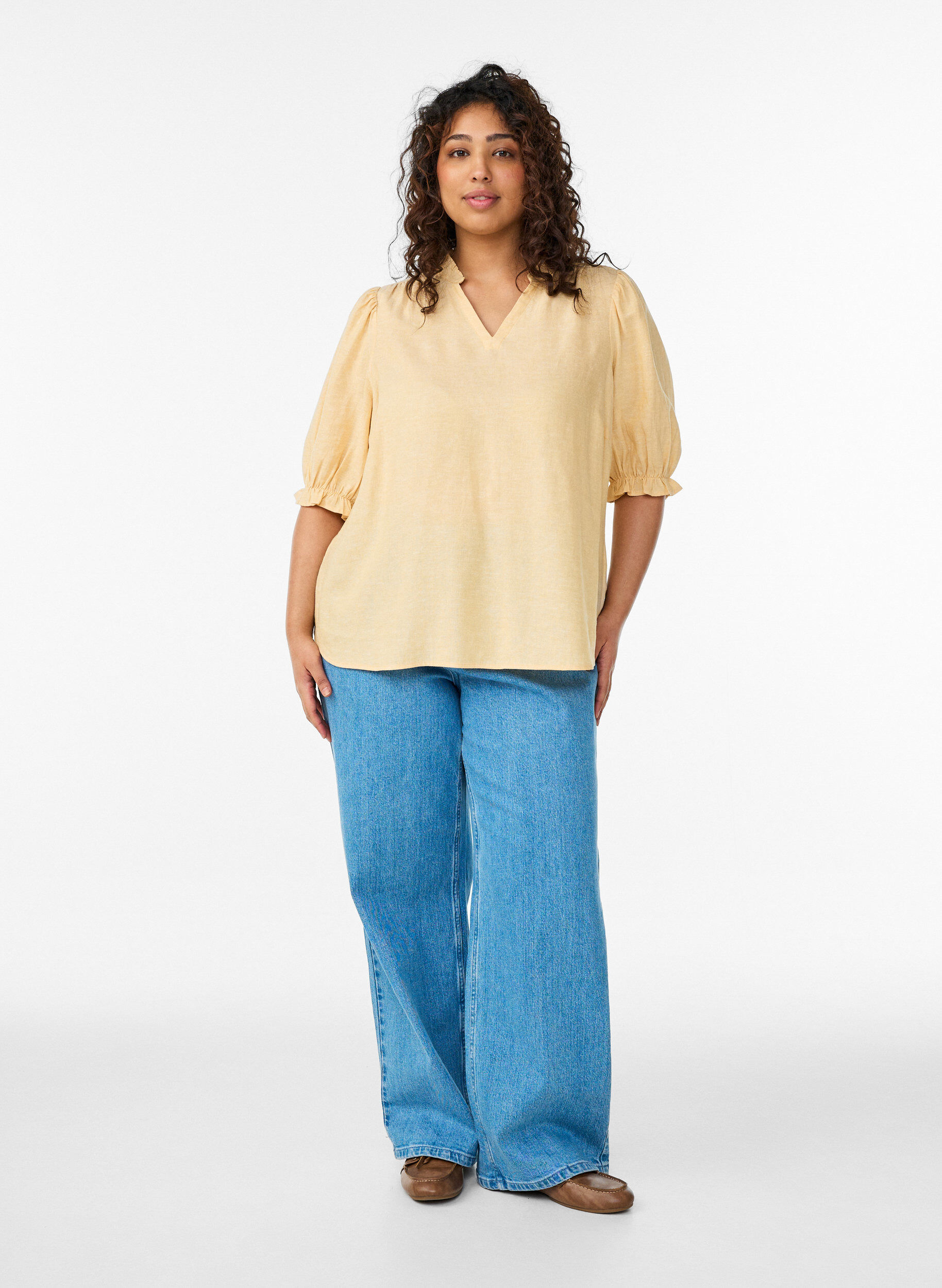 Zizzi Bluzka z lnu i wiskozy z rekawami 1/2, Ż&oacute;łty, Model image number 1