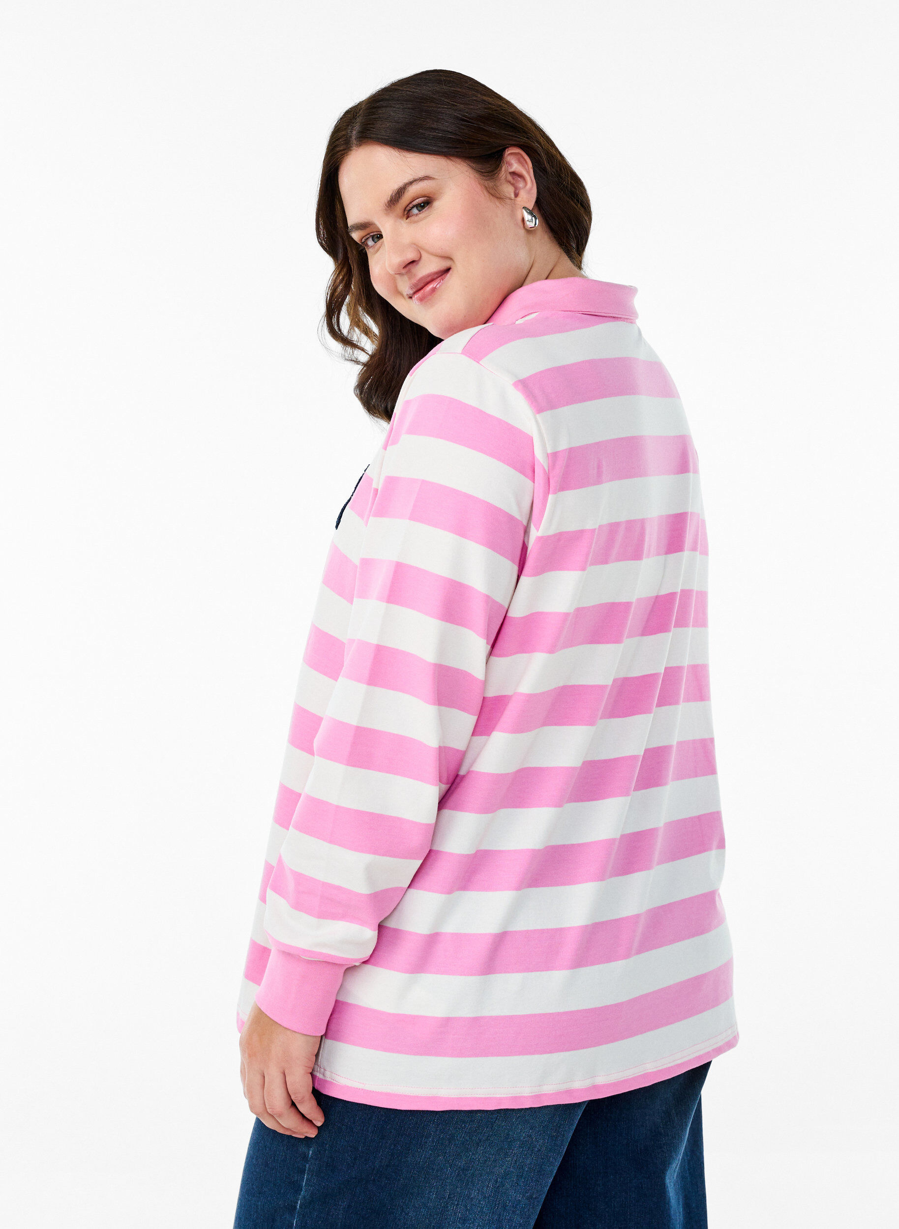 Zizzi Koszulka polo w paski z elementami frotte, Bubblegum w. White, Model image number 1