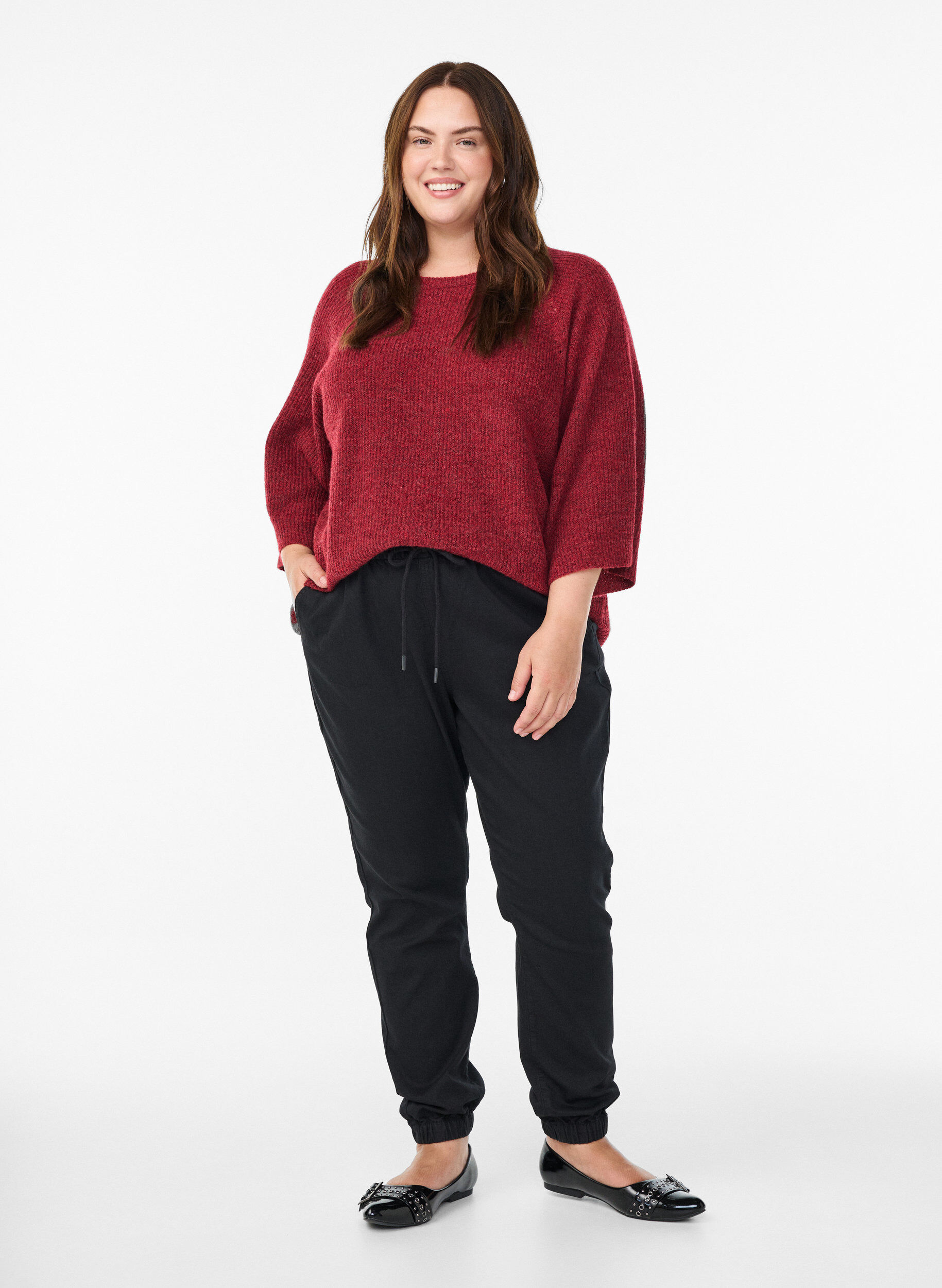 ZizziPrazkowany sweter z rekawami 3/4, Czerwony, Model image number 1