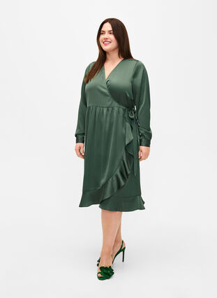 Satynowa sukienka kopertowa z dlugim rekawem, Duck Green, Model image number 0