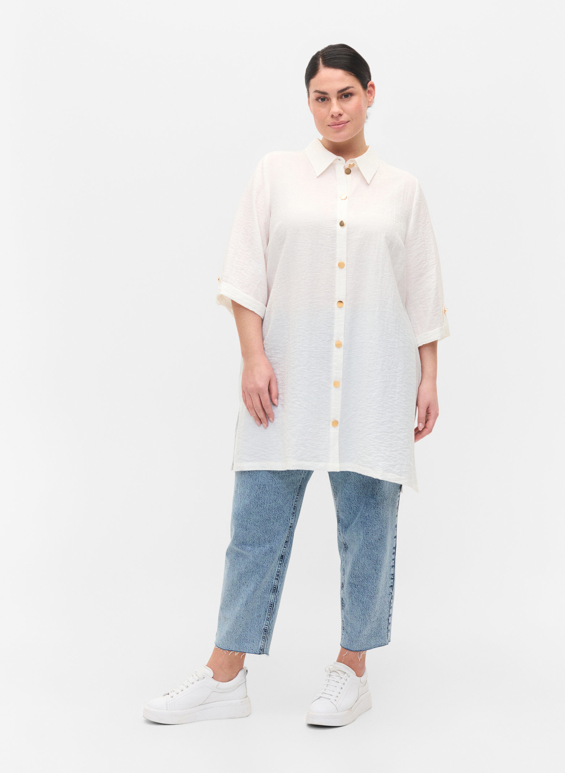 Zizzi Long shirt with 3/4 sleeves, Bright White, Model image number 2