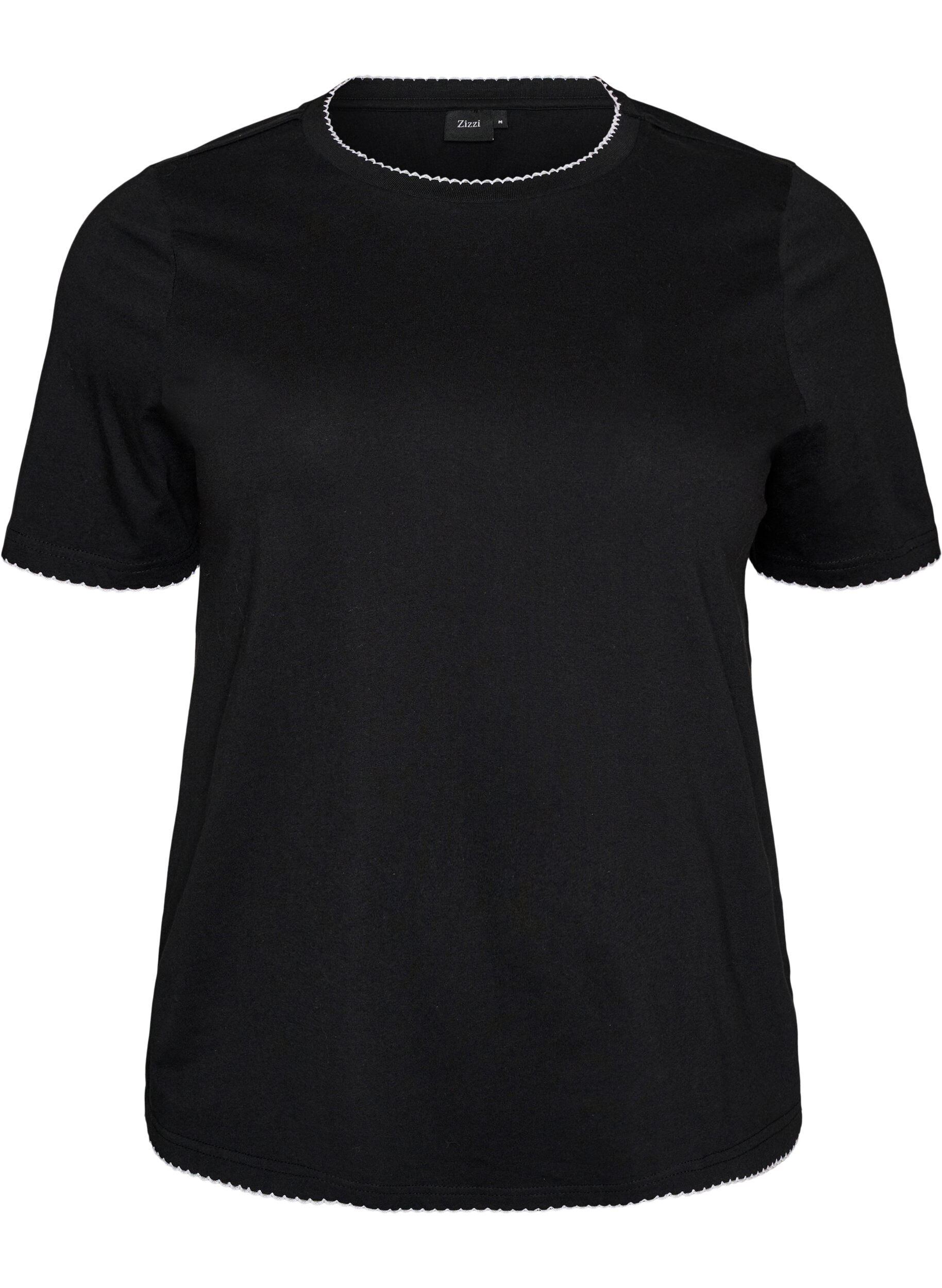 ZizziBawelniany T-shirt z kontrastowym, falistym wykonczeniem brzeg&oacute;w, Czarne, Packshot image number 0