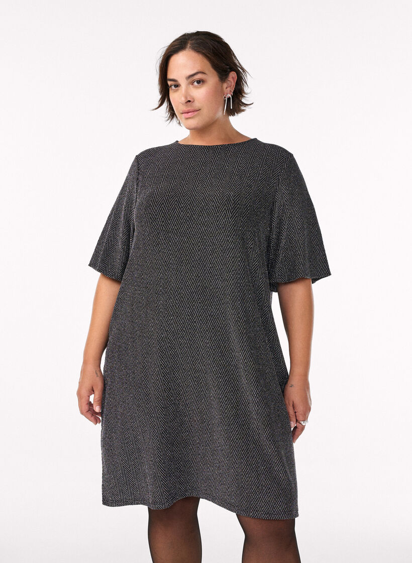 Krótka sukienka z blyszczacym wzorem, Czarne, Model image number 0