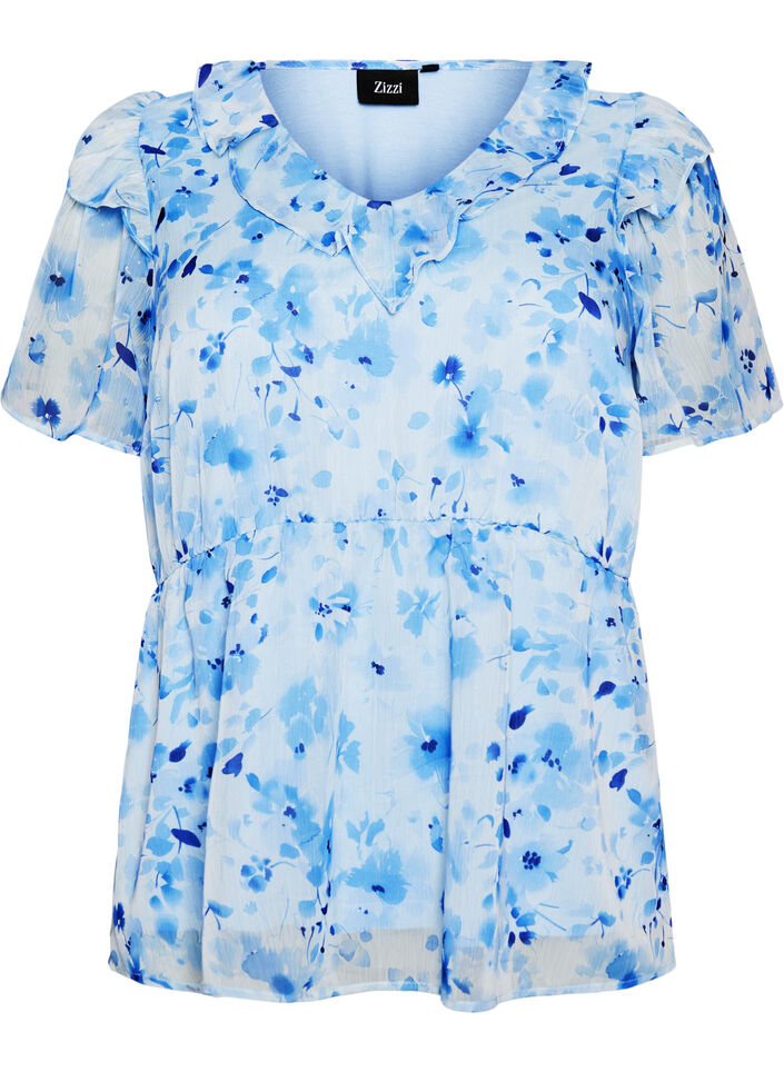 Bluzka z kwiatowym wzorem, z falbanka na kolnierzu i efektem peplum, Niebieskie, Packshot image number 0
