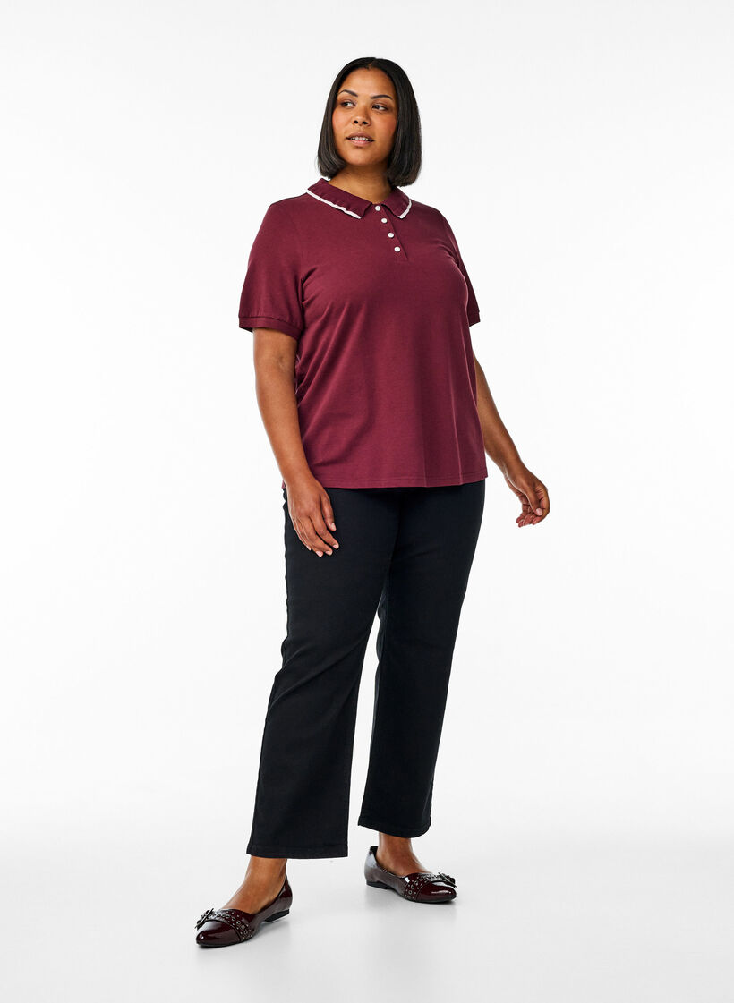 Koszulka polo z guzikami z krysztalków i falbanka, Czerwony, Model image number 1