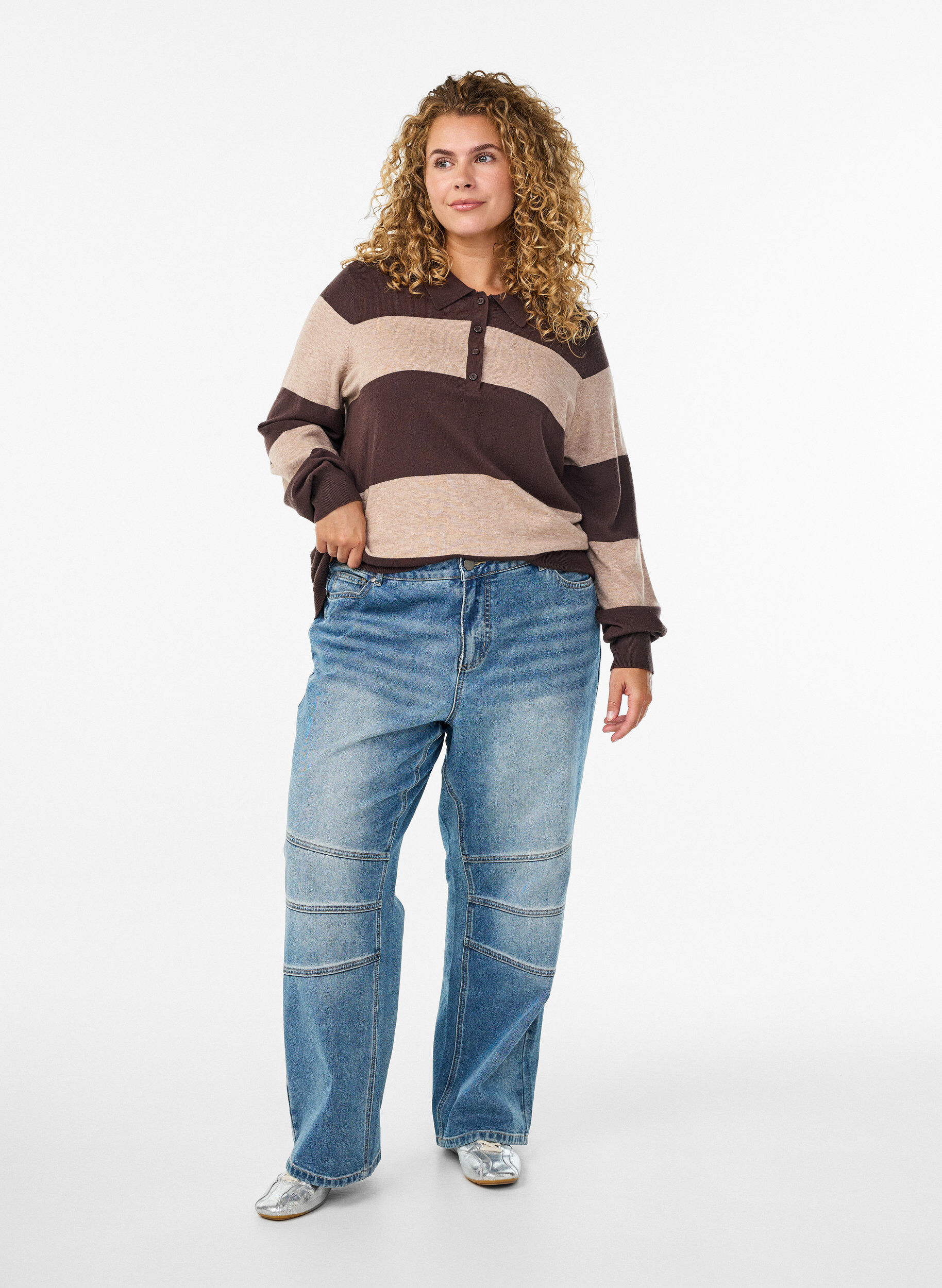 Zizzi Dzianinowa bluzka z kolnierzykiem, Brązowy, Model image number 1