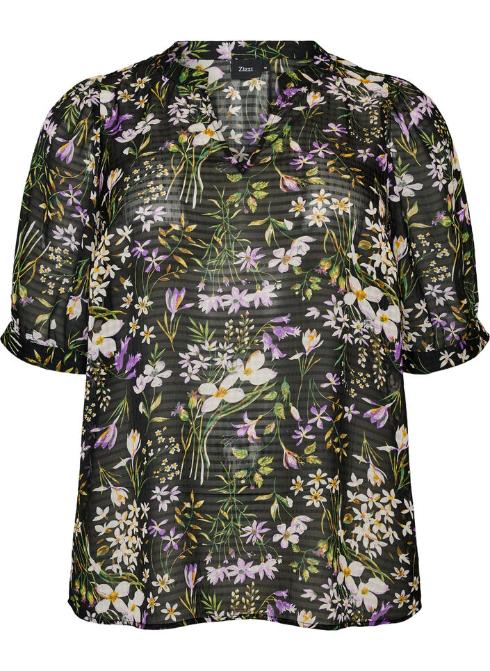 Bluzka z kwiatowym nadrukiem i dekoltem w szpic, Czarne, Packshot image number 0