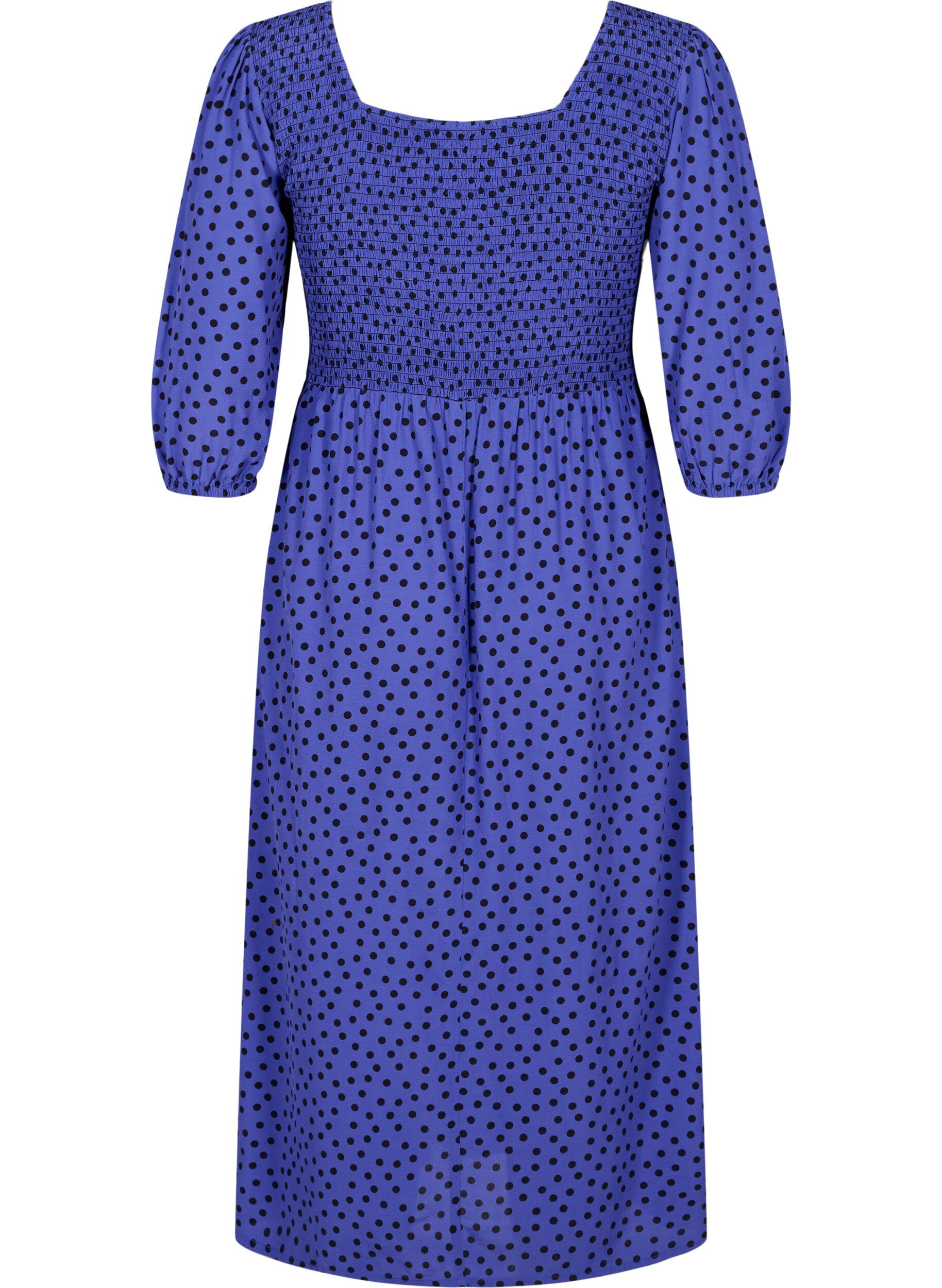 Zizzi Polka dotted viscose dress with smock, R.Blue w. Black Dot, Packshot image number 1