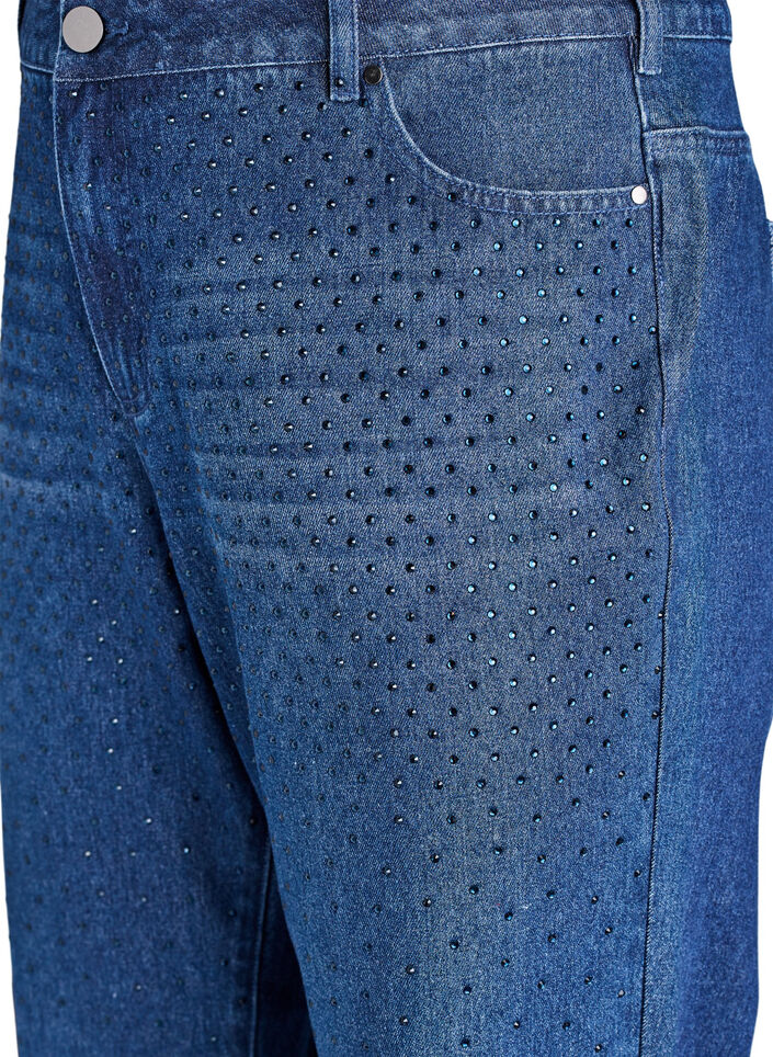 Jeansy o prostym kroju z krysztalkami i wysokim stanem, Niebieskie, Packshot