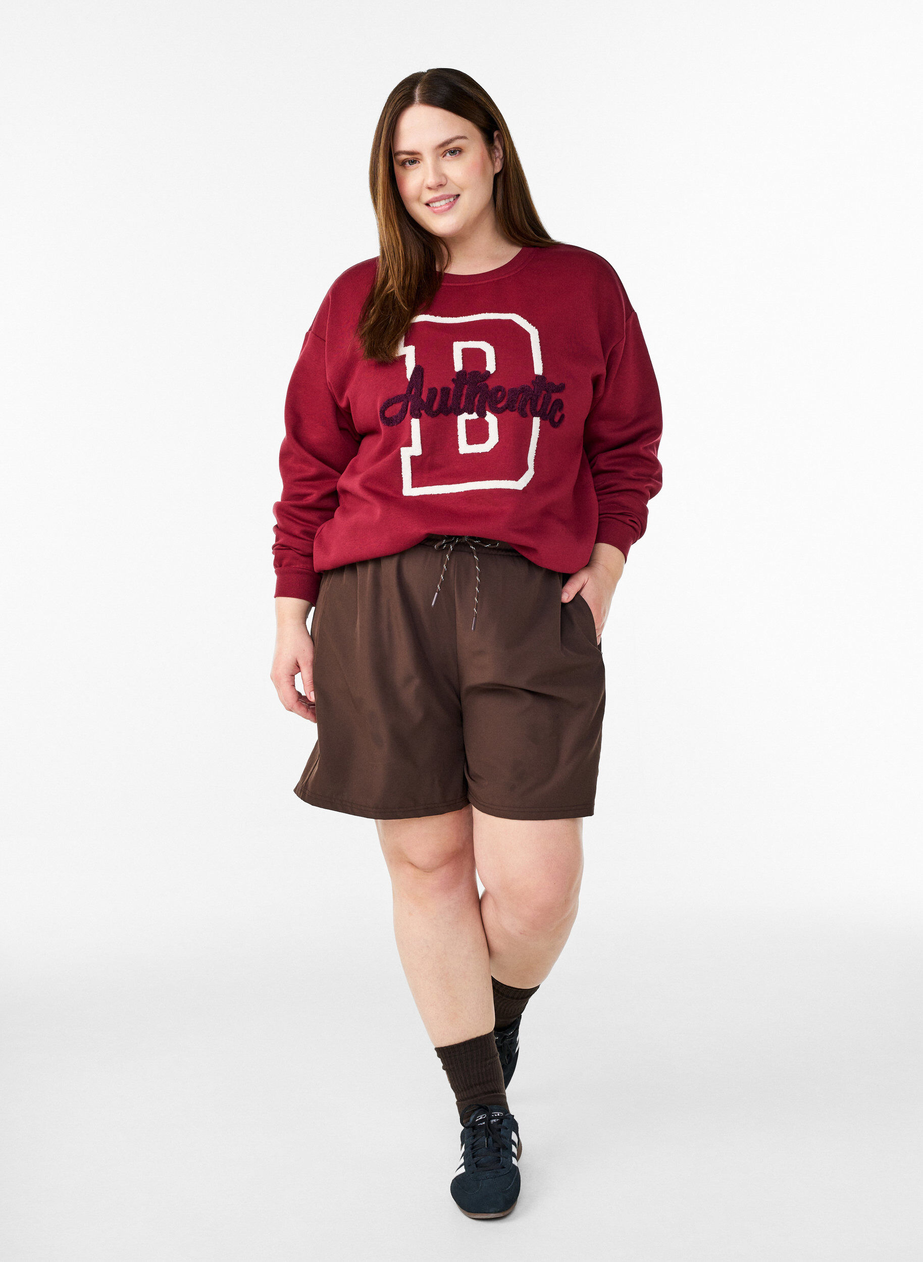 ZizziBluza z napisem z tkaniny frotte, Ciemnobordowy, Model image number 1