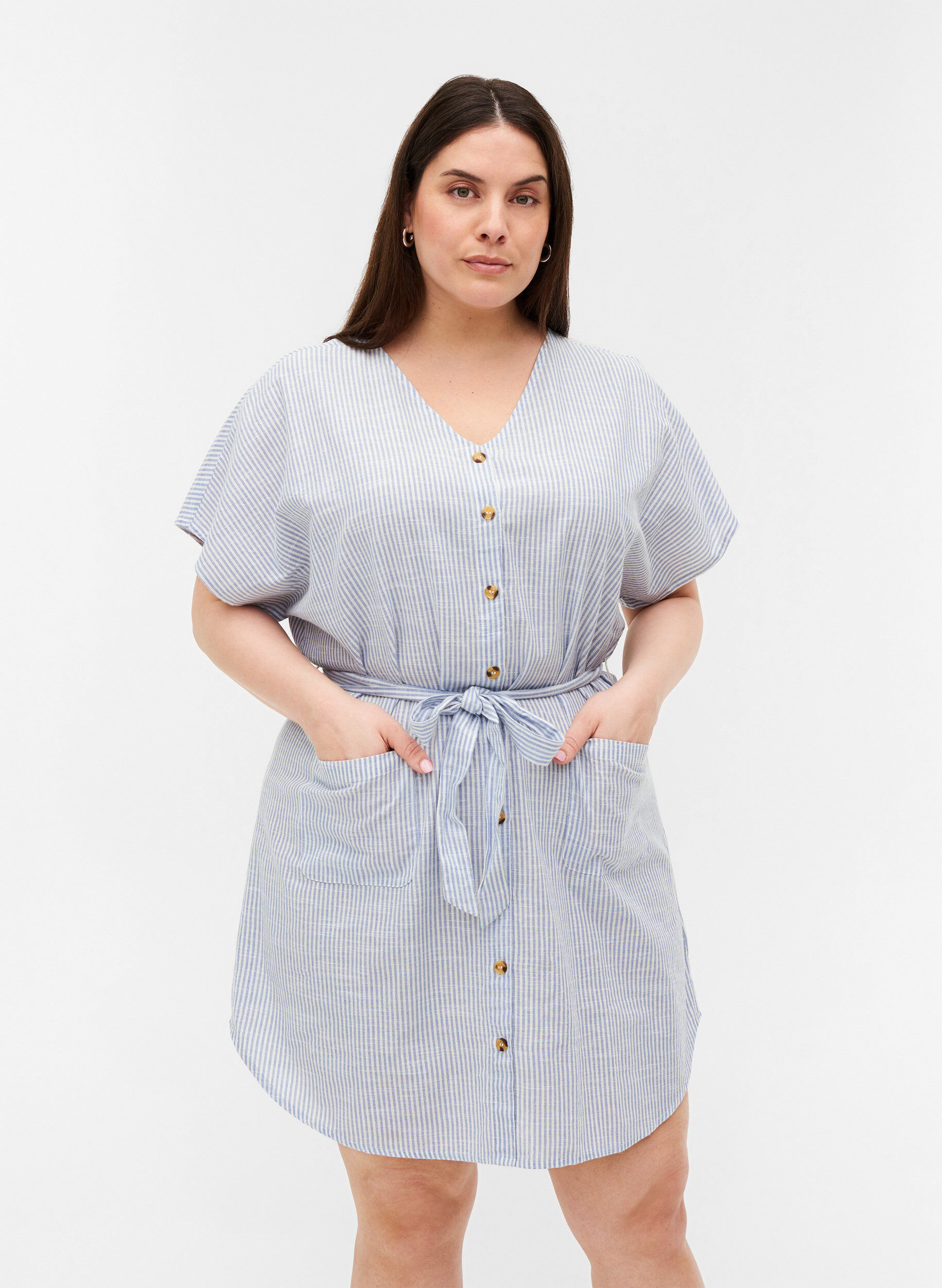 Zizzi Striped shirt dress in cotton with pockets, Country Blue Stripe, Model image number 0