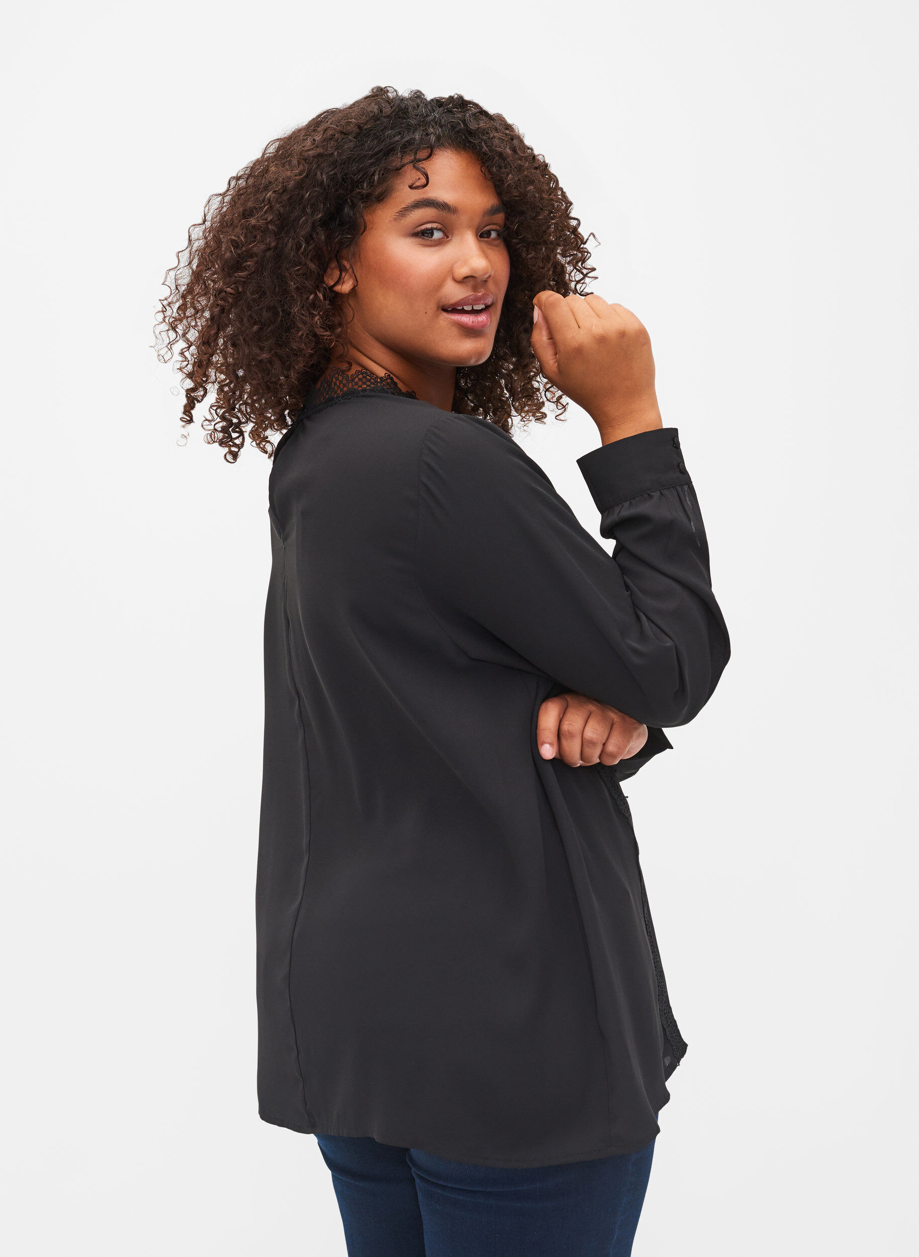 Zizzi Long sleeved top with lace, Black, Model image number 1