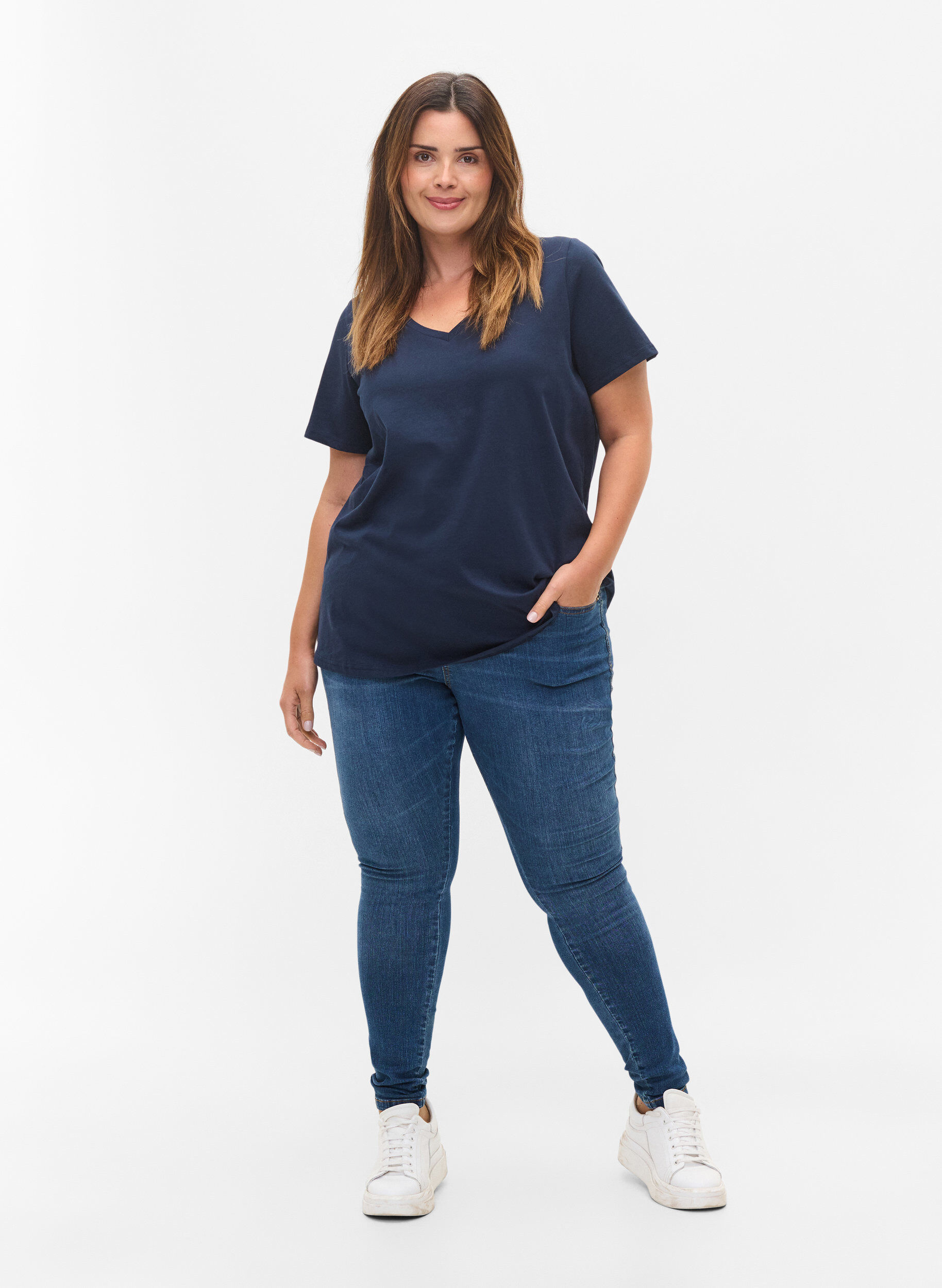 Zizzi 2-pack podstawowa koszulka bawelniana, Navy B/B White, Model image number 2