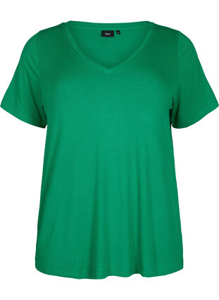 Prazkowany t-shirt z wiskozy z dekoltem w szpic, Jolly Green, Packshot image number 0