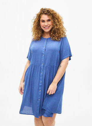 Trapezowa sukienka z wiskozy z krótkimi rekawami, Moonlight Blue, Model image number 0