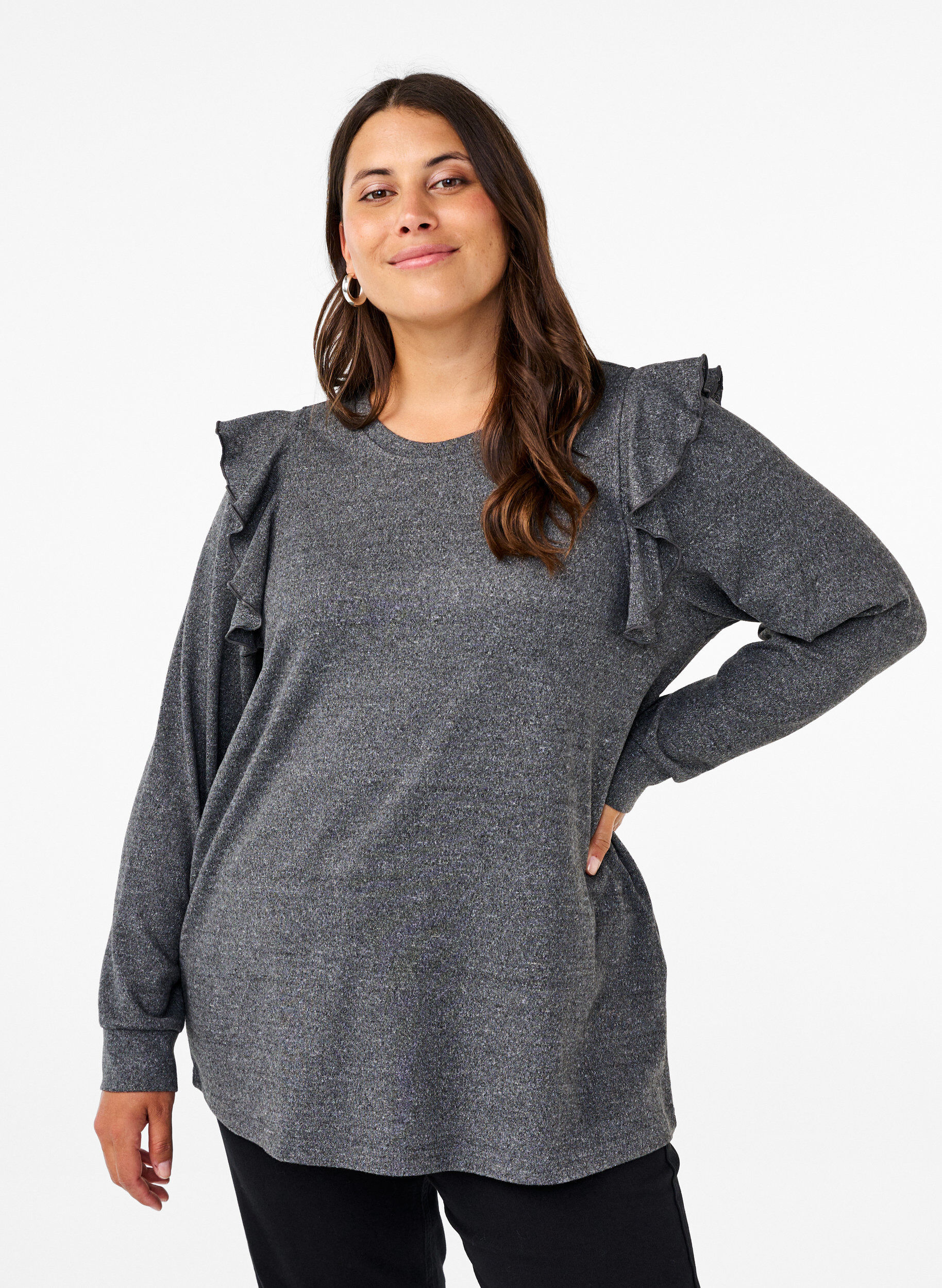 Zizzi Bluzka z dlugimi rekawami i falbanami, Dark Grey Melange, Model image number 0