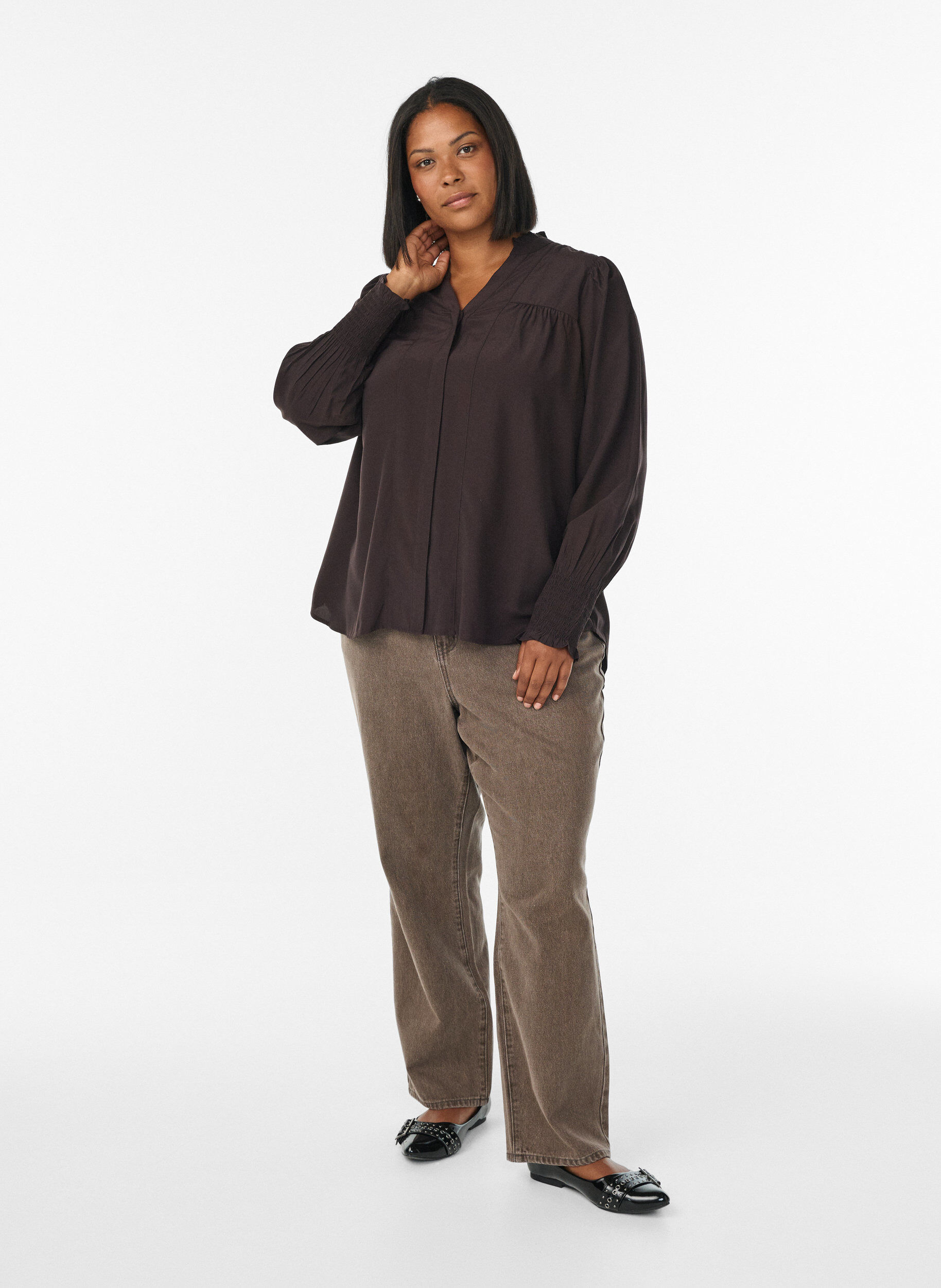 Zizzi Bluzka z kolnierzykiem z falbanka i marszczeniem, Brązowy, Model image number 1