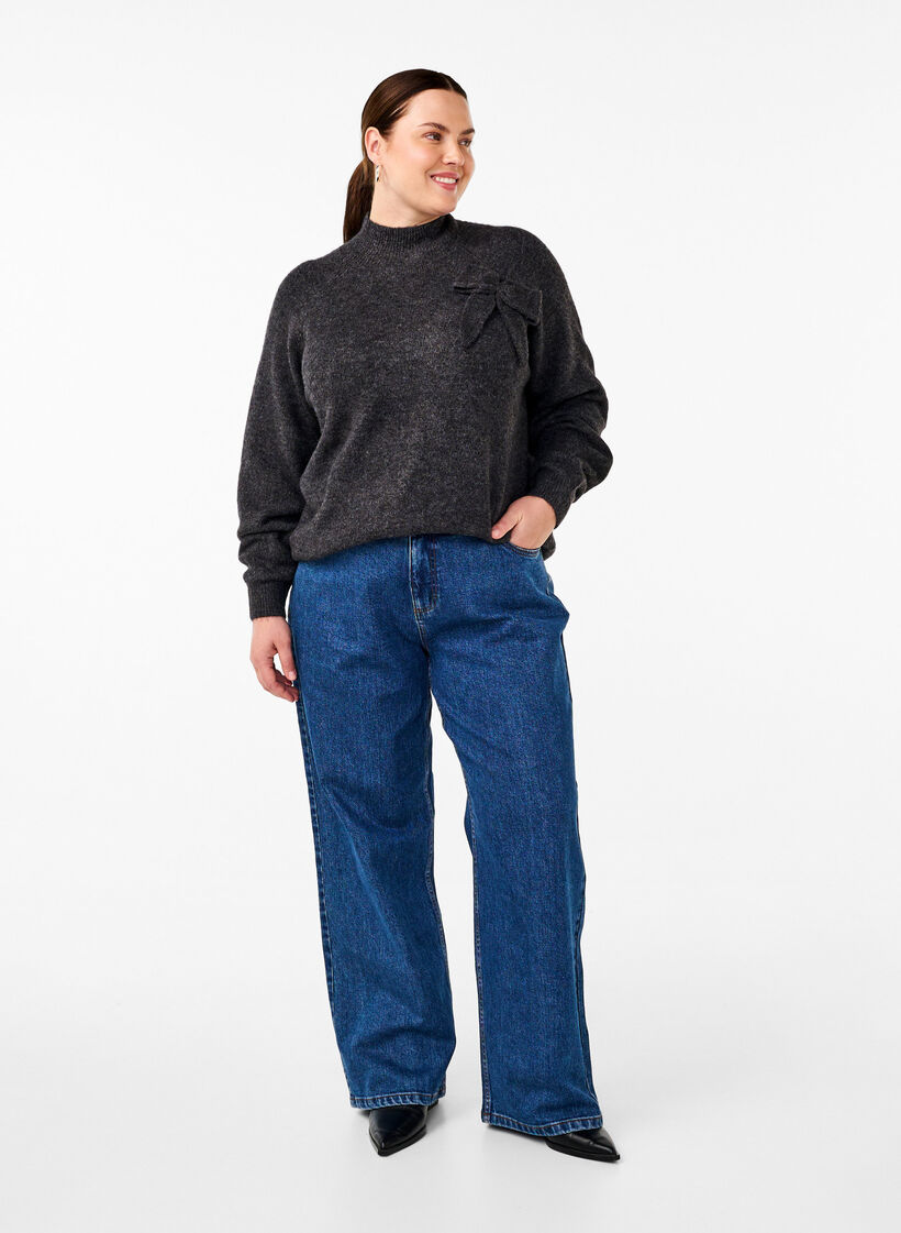 Dzianinowa bluzka z kokarda, Dark Grey White Mel., Model image number 2