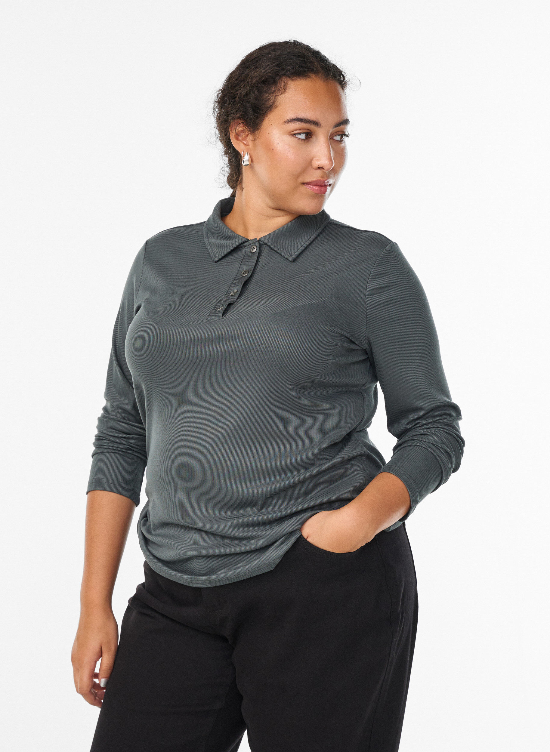 Koszula polo z miekkiej, prazkowanej dzianiny z dlugim rekawem, Zielony, Model