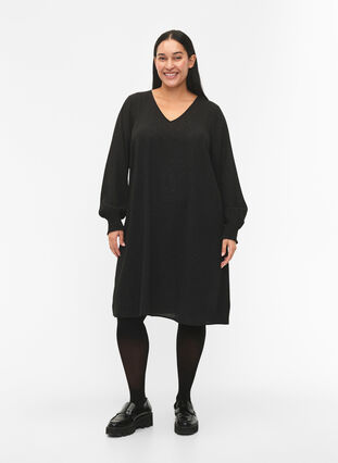 FLASH - Sukienka z dlugim rekawem i brokatem, Black w. Silver , Model image number 2