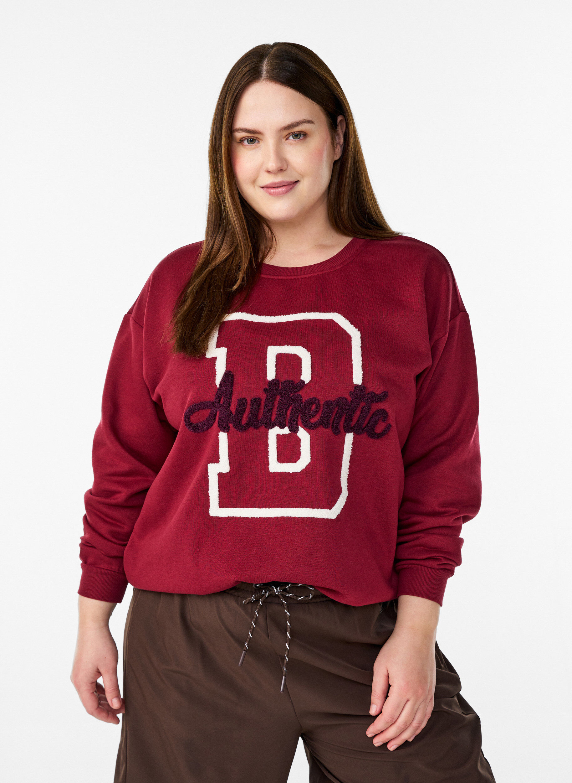 Bluza z napisem z tkaniny frotte, Ciemnobordowy, Model