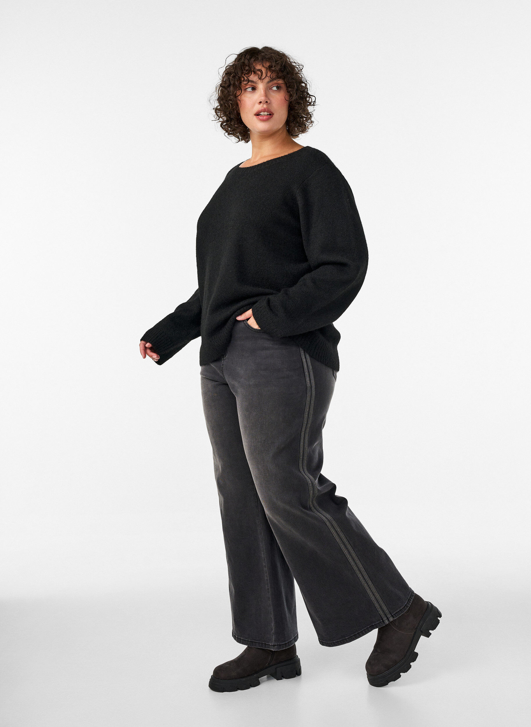 ZizziJeansy o szerokim kroju z pionowymi elementami z denimu, Ciemnoszary, Model image number 2
