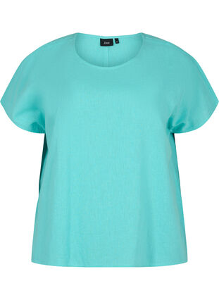 Bluzka z krótkim rekawem z mieszanki bawelny z lnem, Turquoise, Packshot image number 0