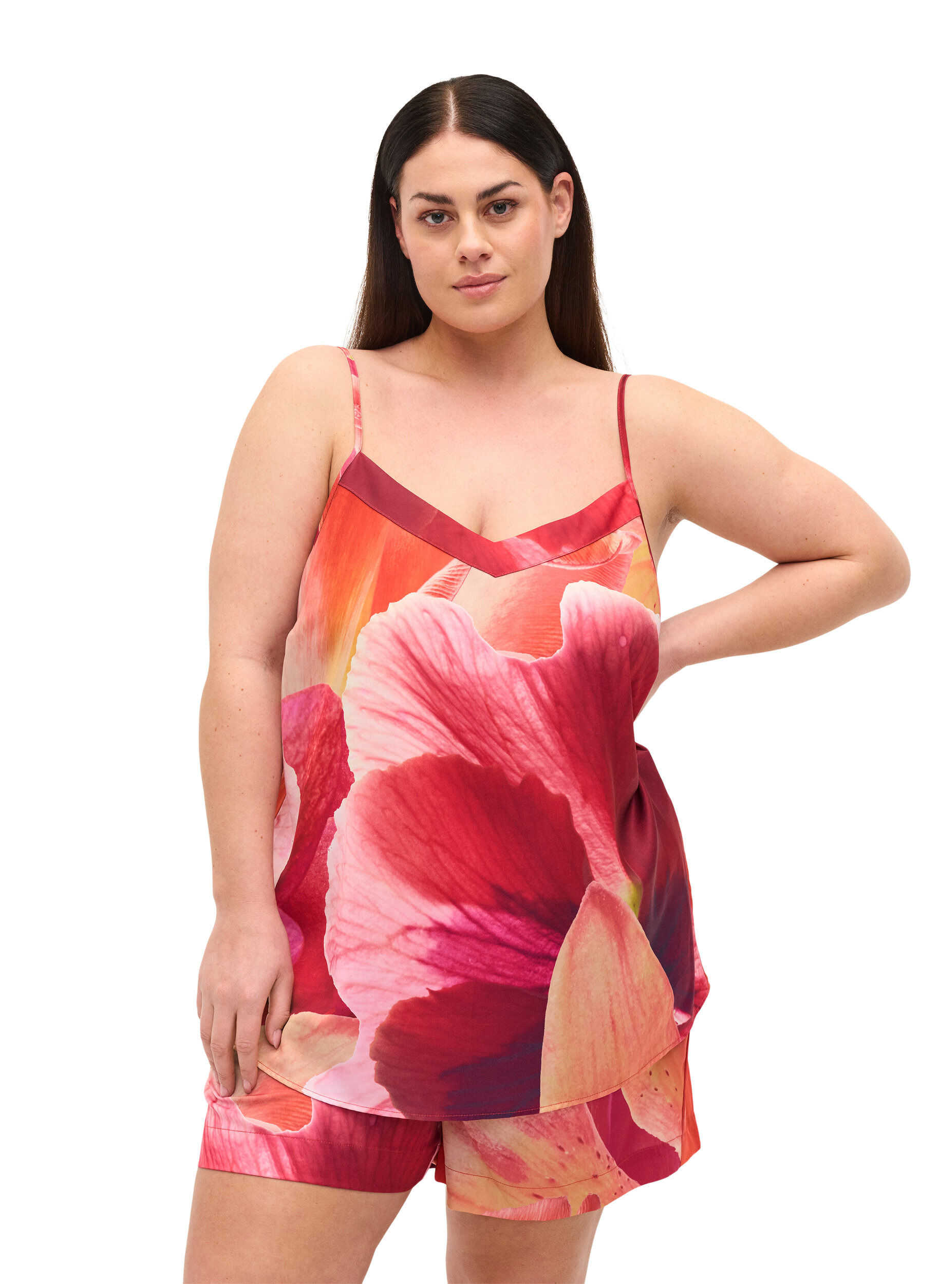 Zizzi Patterned night top, Orange Pink AOP, Model image number 0