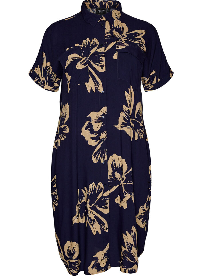 Dluga koszulowa sukienka z kr&oacute;tkim rekawem, Niebieskie, Packshot image number 0