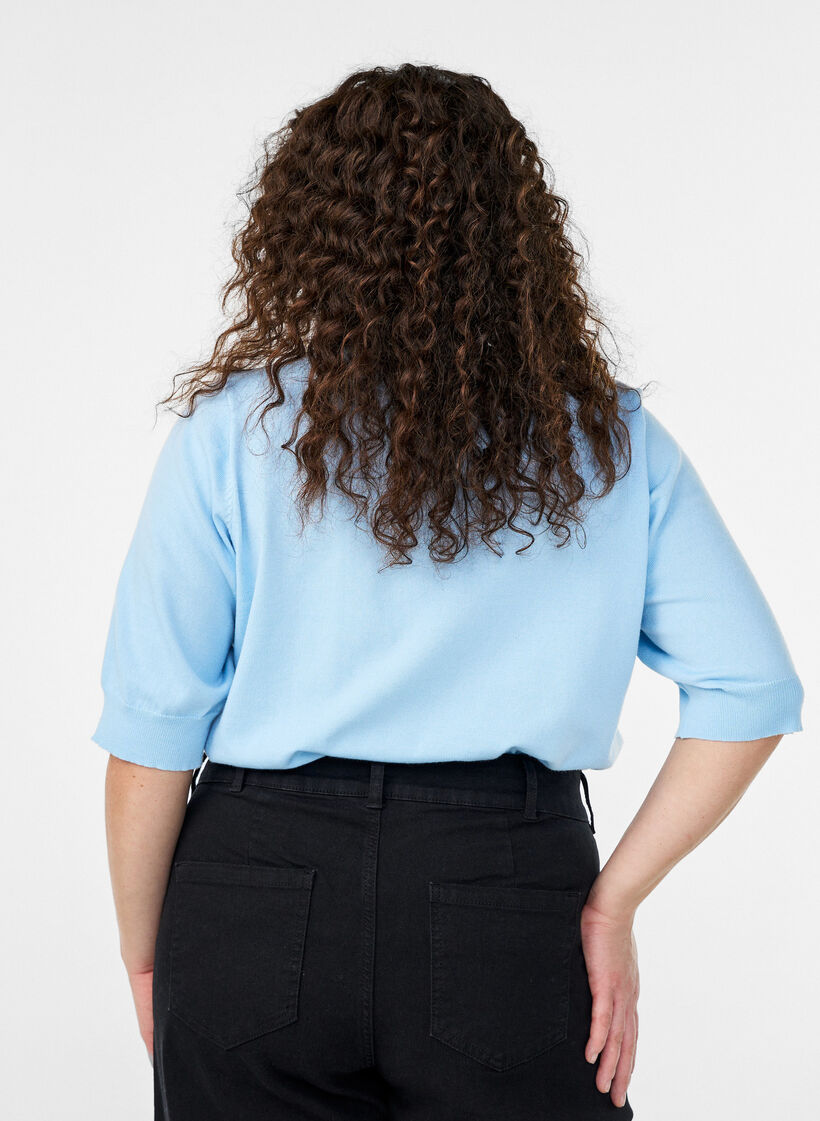 Cienko dzianinowa bluzka z kr&oacute;tkimi rekawami, Niebieskie, Model image number 2