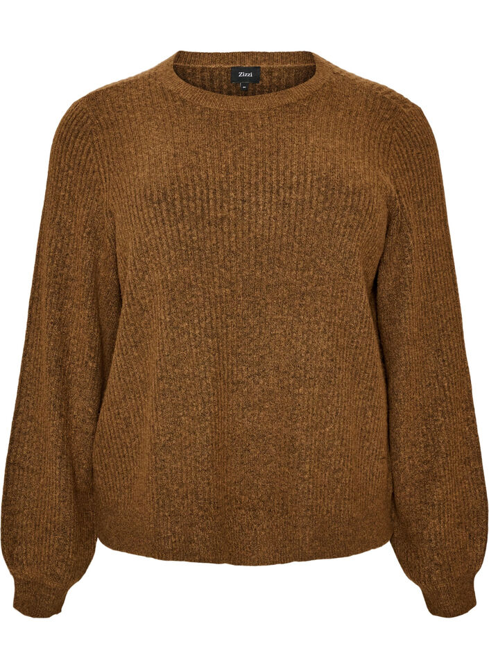 Sweter z ryfionymi rekawami w ksztalcie balon&oacute;w, Brązowy, Packshot image number 0