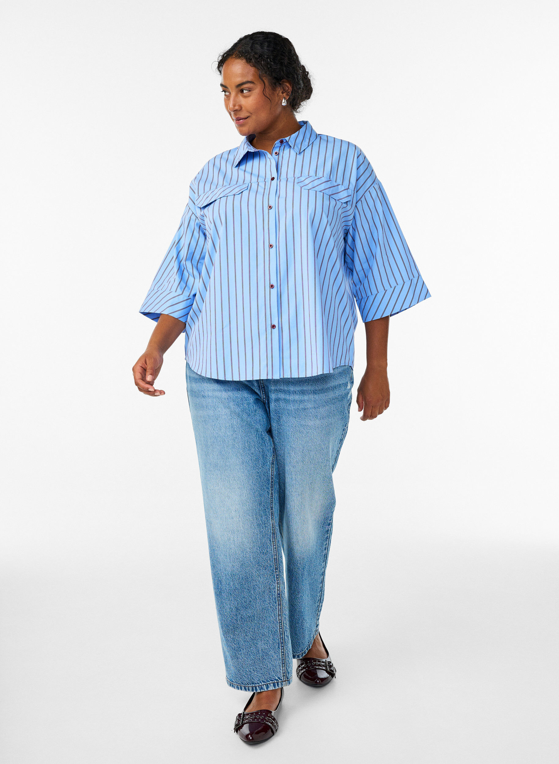 Zizzi Koszula bawelniana w paski z szerokimi rekawami, Niebieskie, Model image number 1