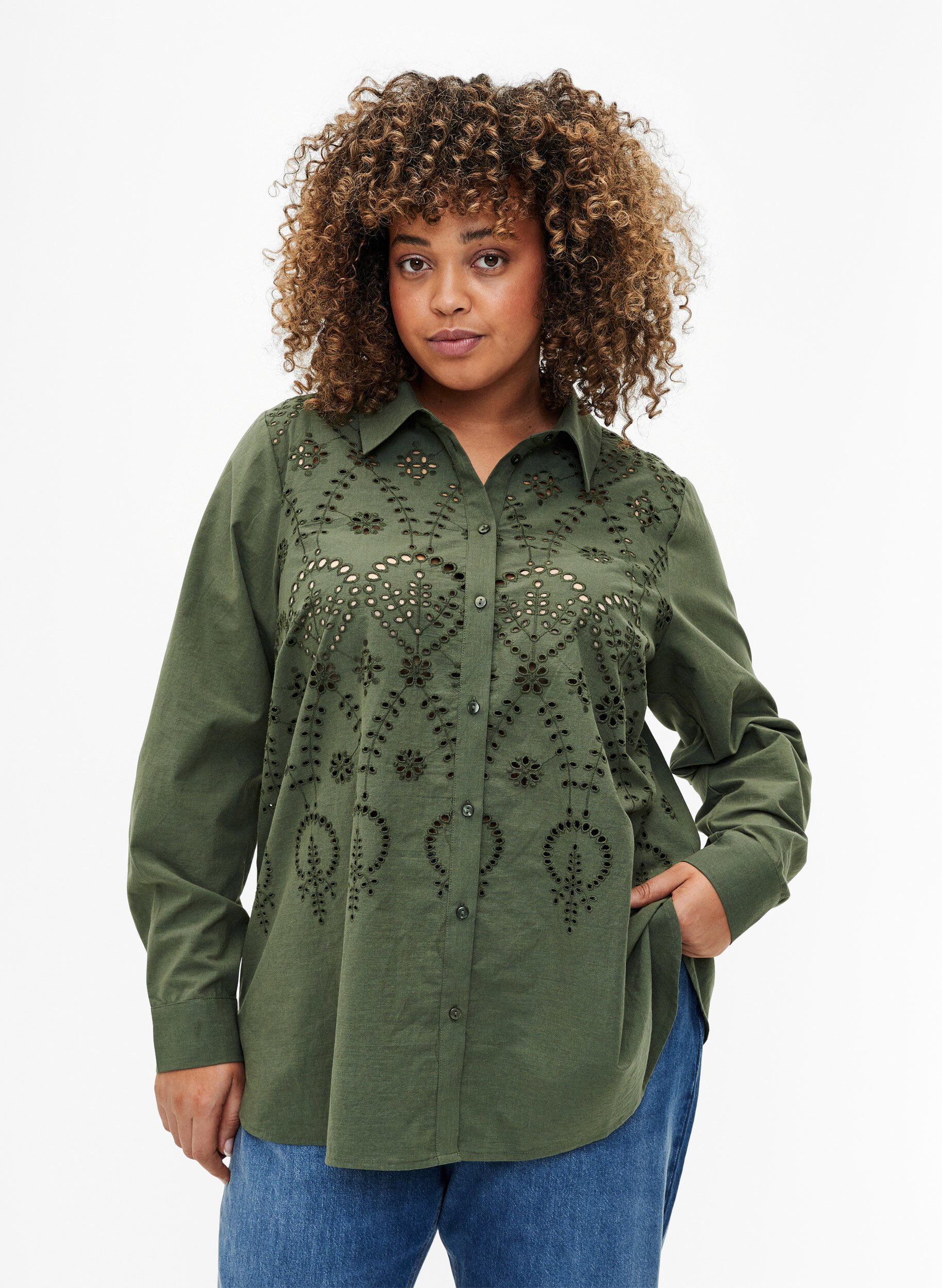 Zizzi Bawelniana koszula z haftem angielskim, Thyme, Model image number 0