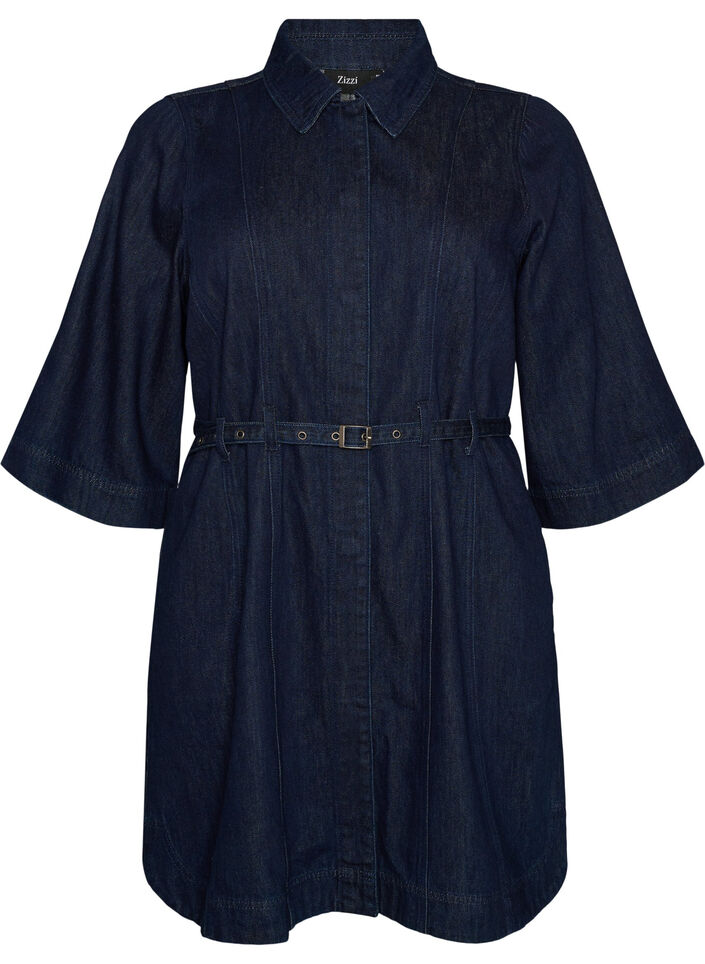 Sukienka z denimu z pasem i 3/4-sleeves, Niebieskie, Packshot image number 0