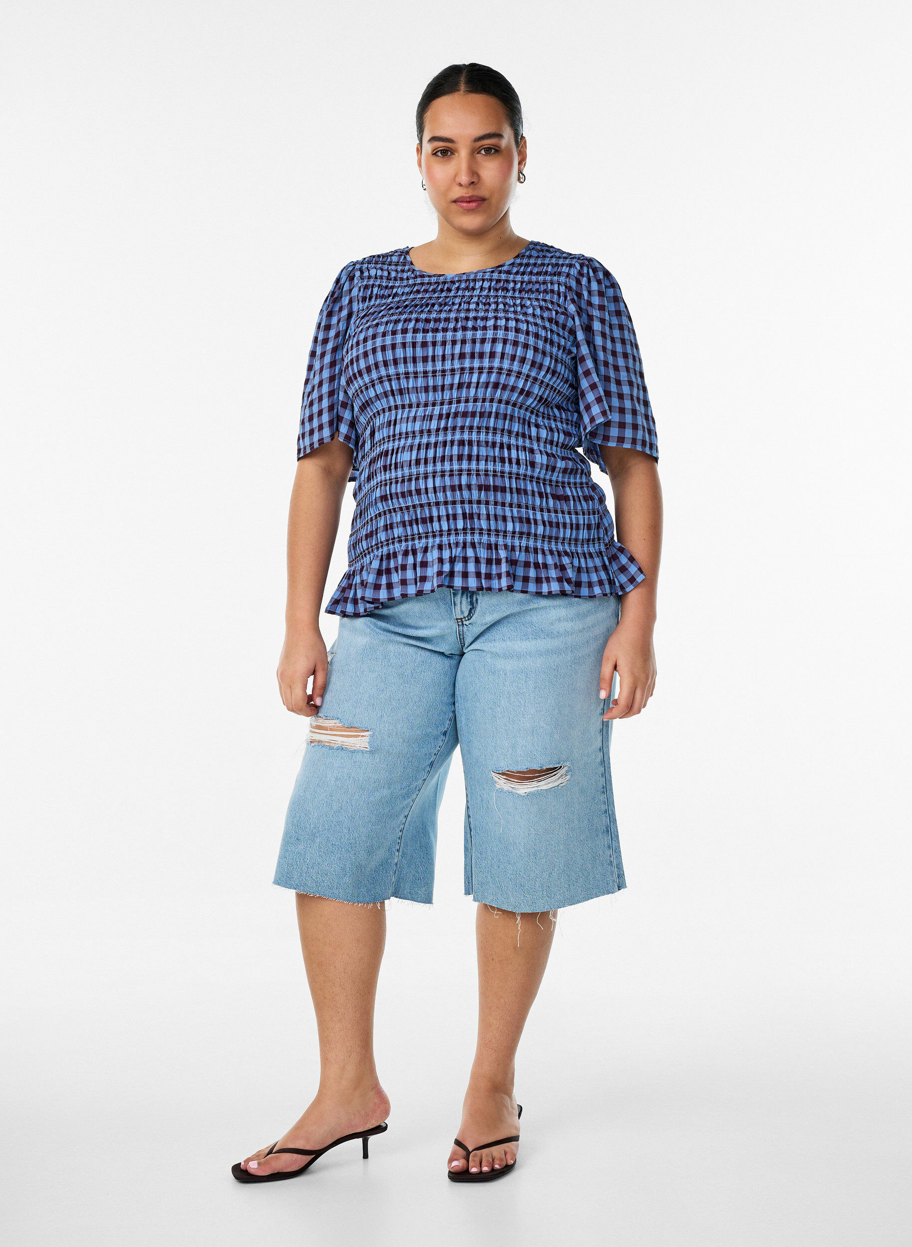 ZizziBluzka w stylu fartuszka z kratka gingham i falbana na dole, Niebieskie, Model image number 1