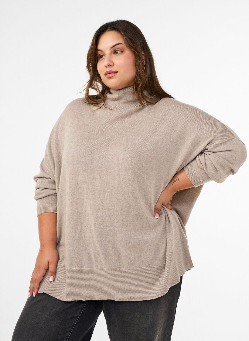 Sweter z kolnierzykiem i luznym krojem, Beżowy, Model image number 0
