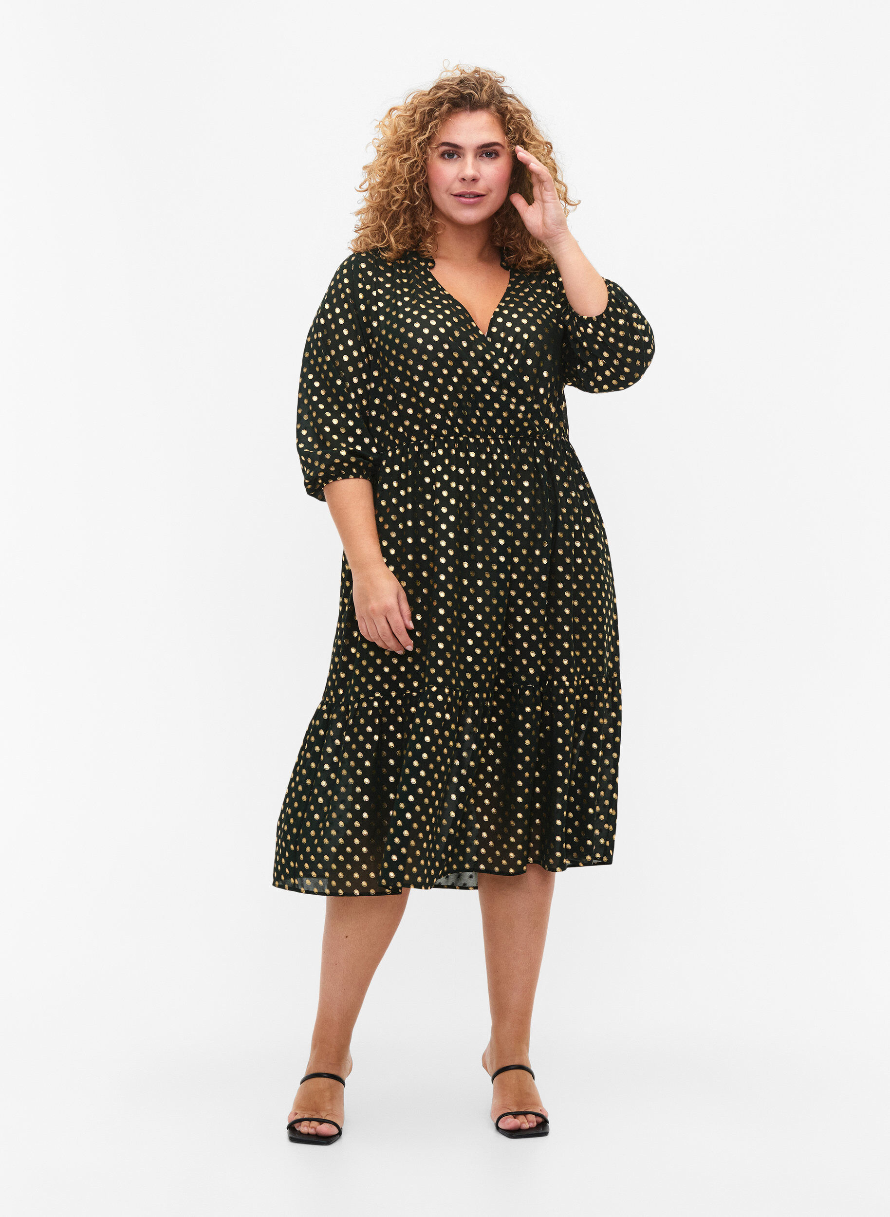 Zizzi Sukienka z foliowym nadrukiem w kropki i rekawami 3/4, Scarab w. Gold, Model image number 2