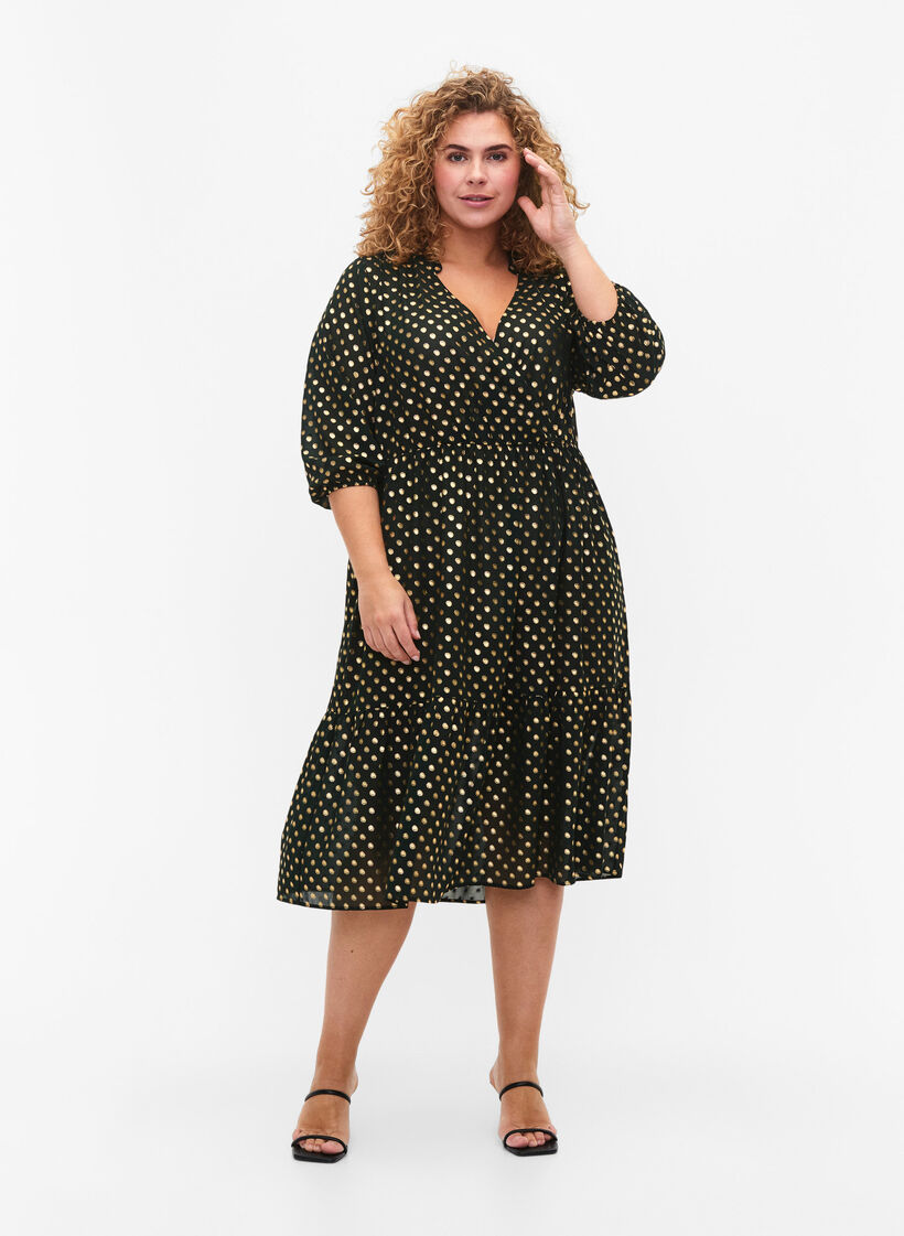 Sukienka z foliowym nadrukiem w kropki i rekawami 3/4, Scarab w. Gold, Model image number 2