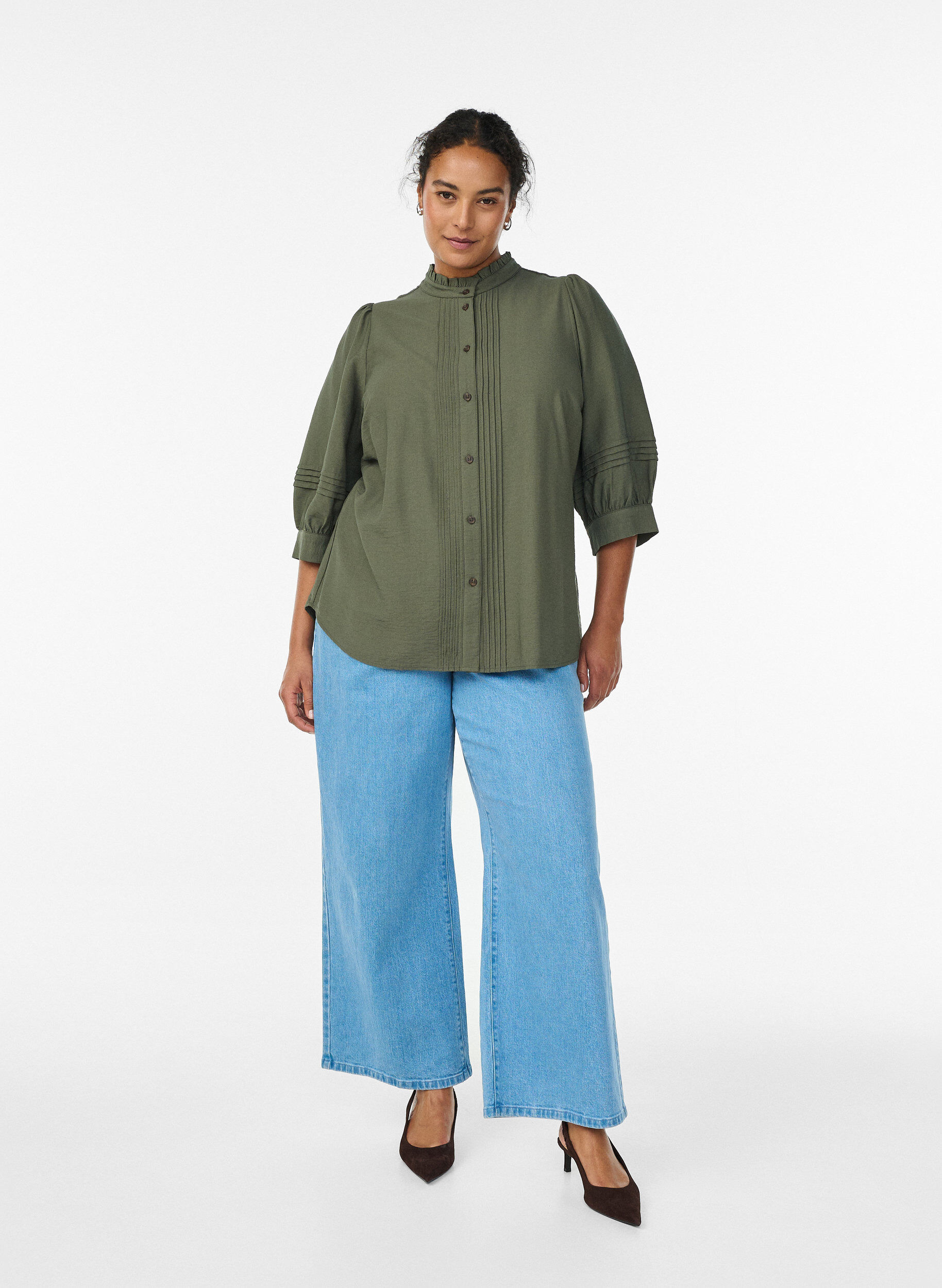 Zizzi Bluzka z rekawami 3/4 i ozdobnymi faldami, Zielony, Model image number 1