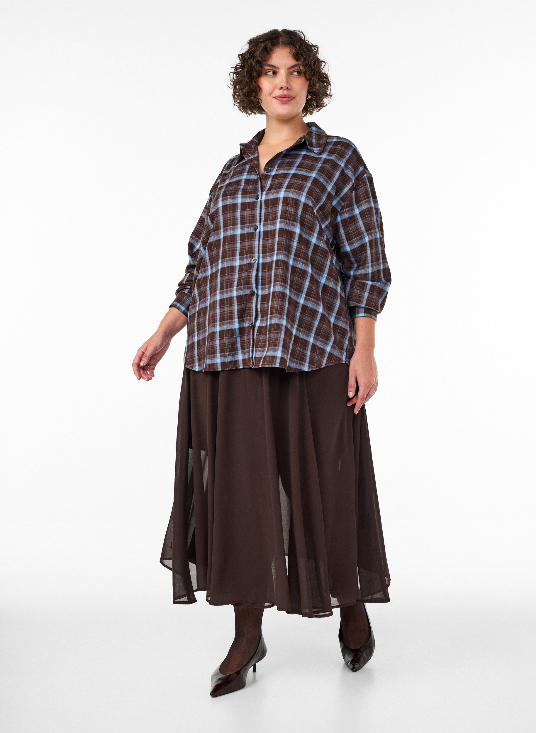 Trapezowa sp&oacute;dnica midi, Brązowy, Model