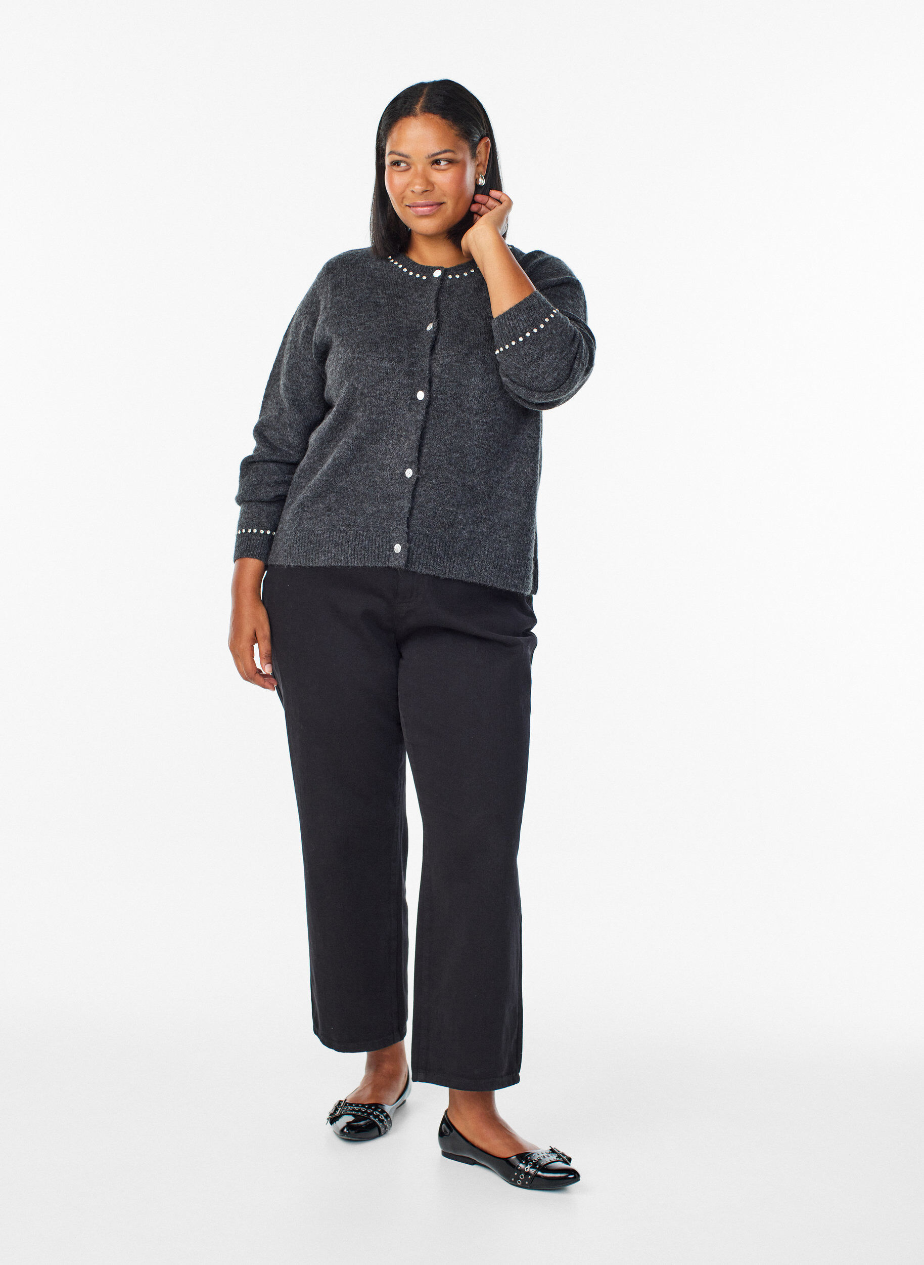 Zizzi Kardigan z krysztalkami i ozdobnymi guzikami, Ciemnoszary, Model image number 1