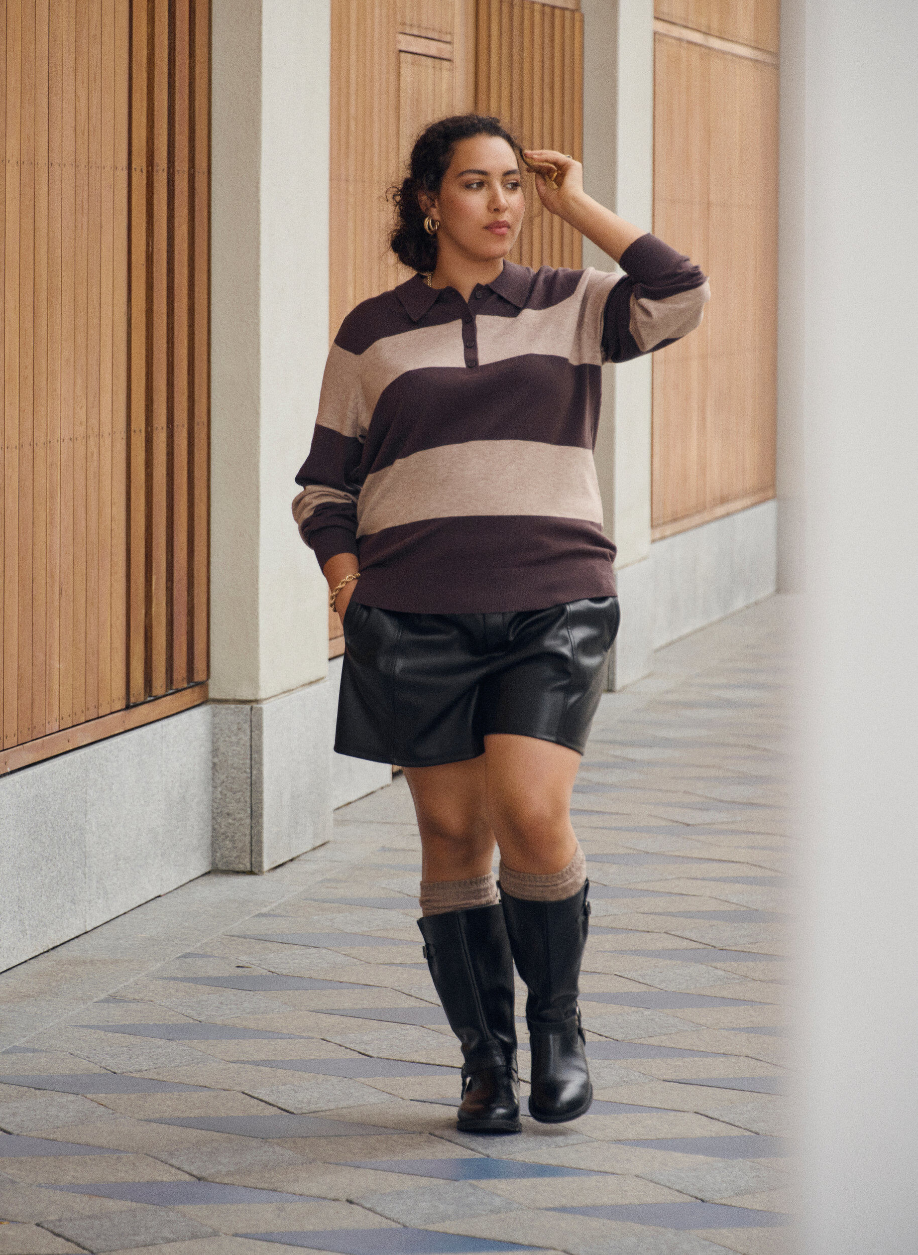 Zizzi Dzianinowa bluzka z kolnierzykiem, Brązowy, Image image number 0